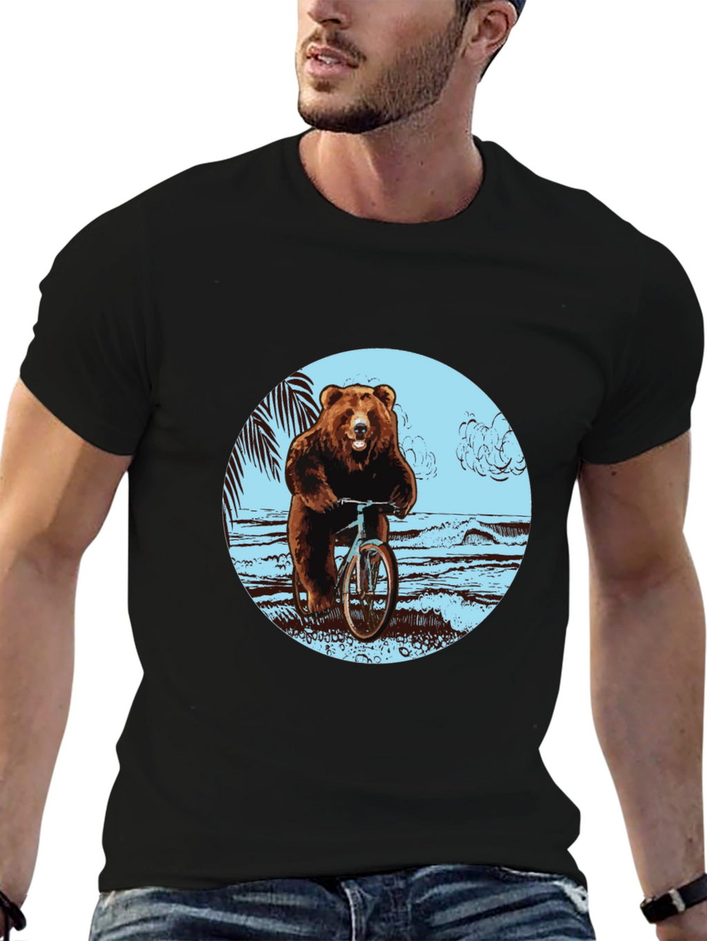 Bear on Bike Graphic Tee - Black Cotton T-Shirt