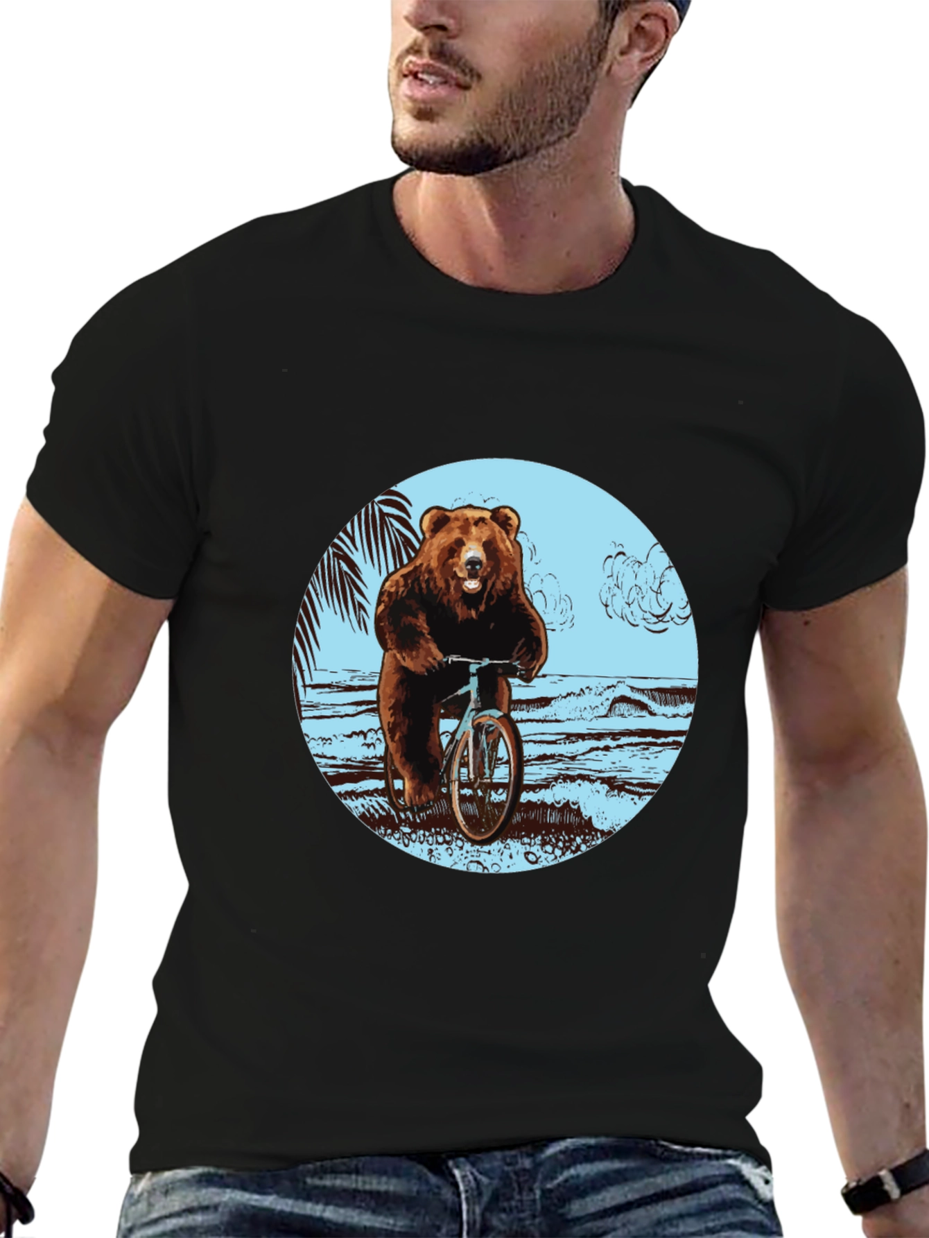 Bear on Bike Graphic Tee - Black Cotton T-Shirt