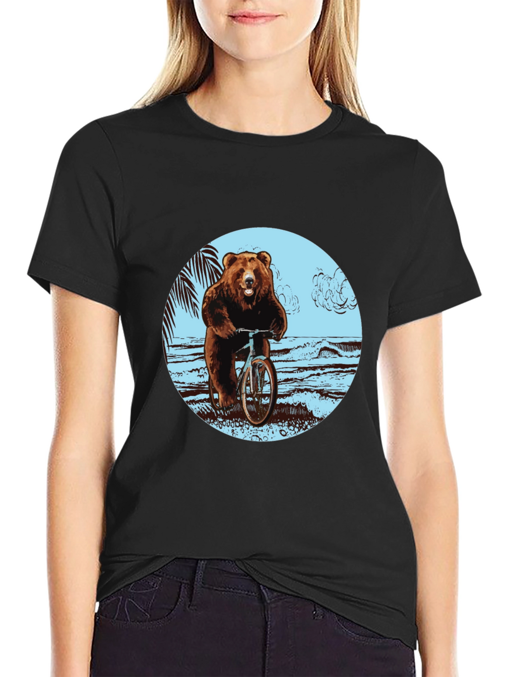 Bear on Bike Graphic Tee - Black Cotton T-Shirt