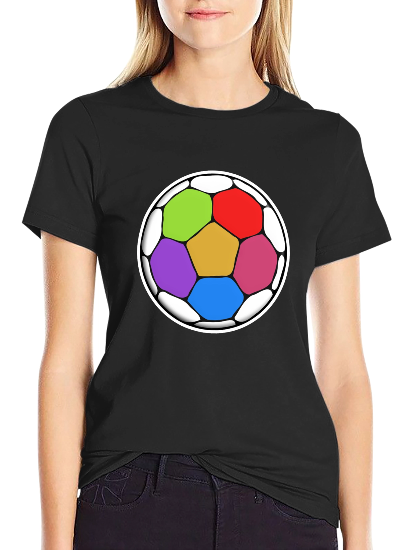 Colorful Soccer Ball Graphic Tee - Black Casual Shirt