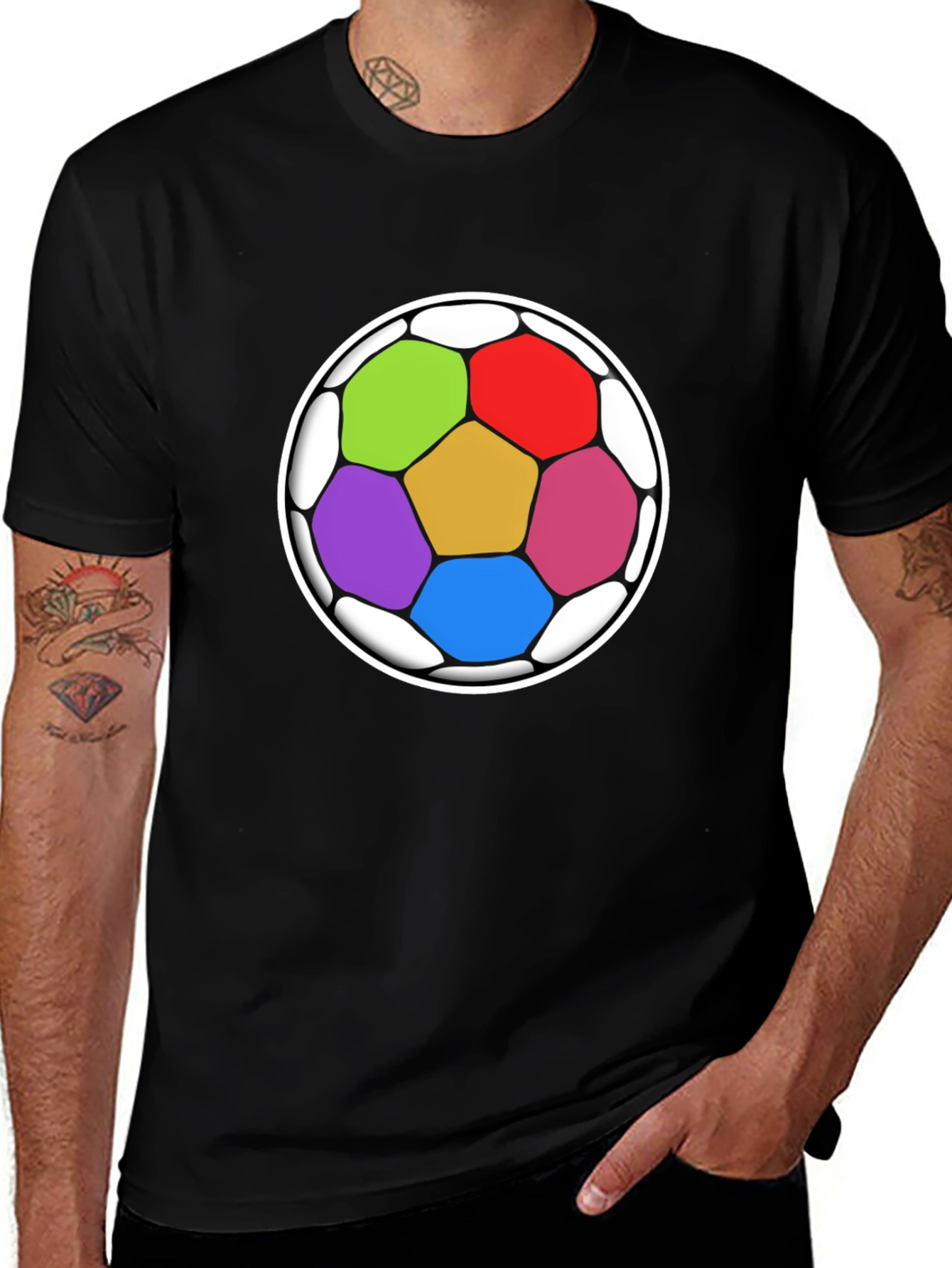 Colorful Soccer Ball Graphic Tee - Black Casual Shirt