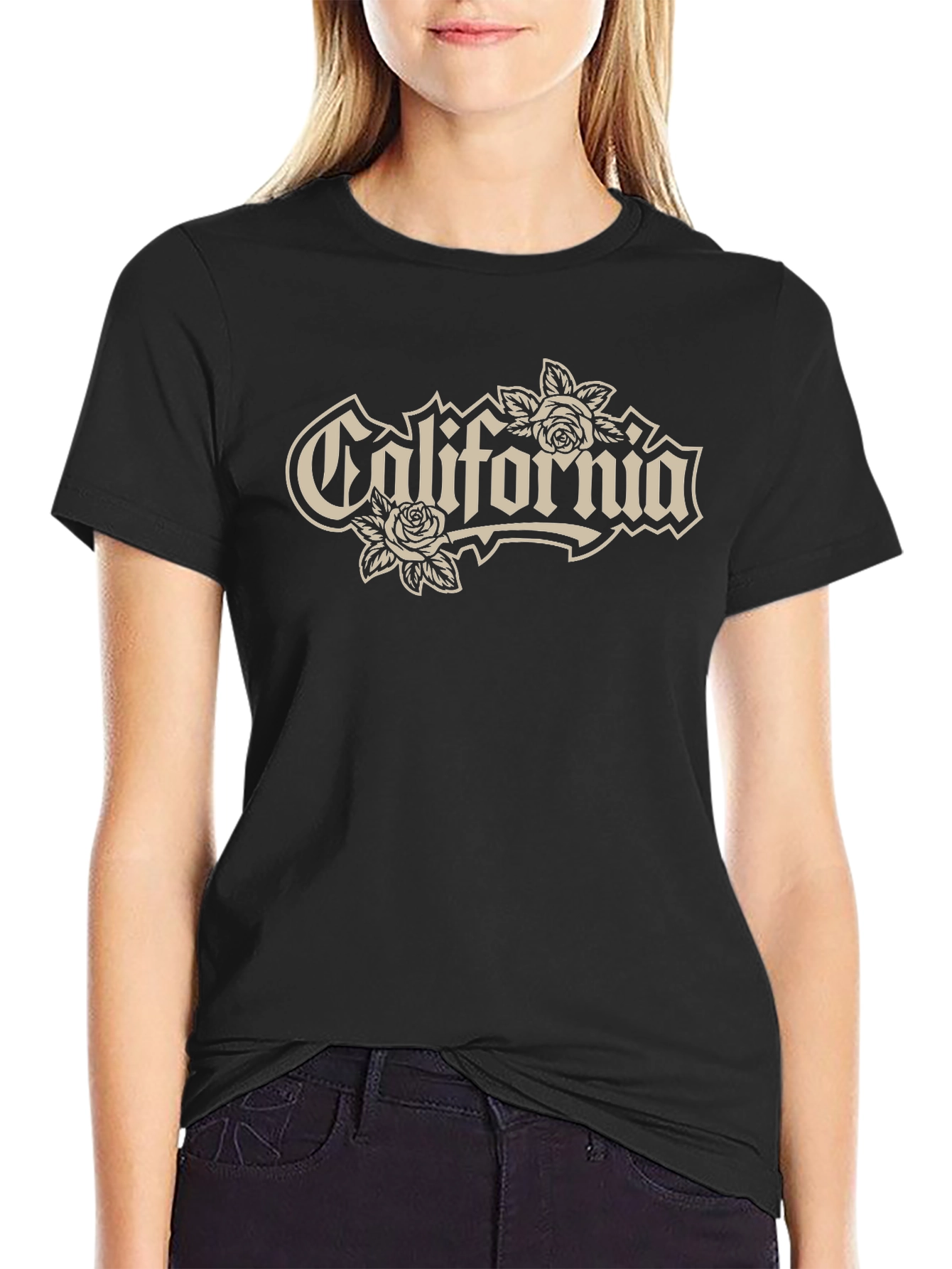 California Rose Graphic Tee - Black Cotton T-Shirt