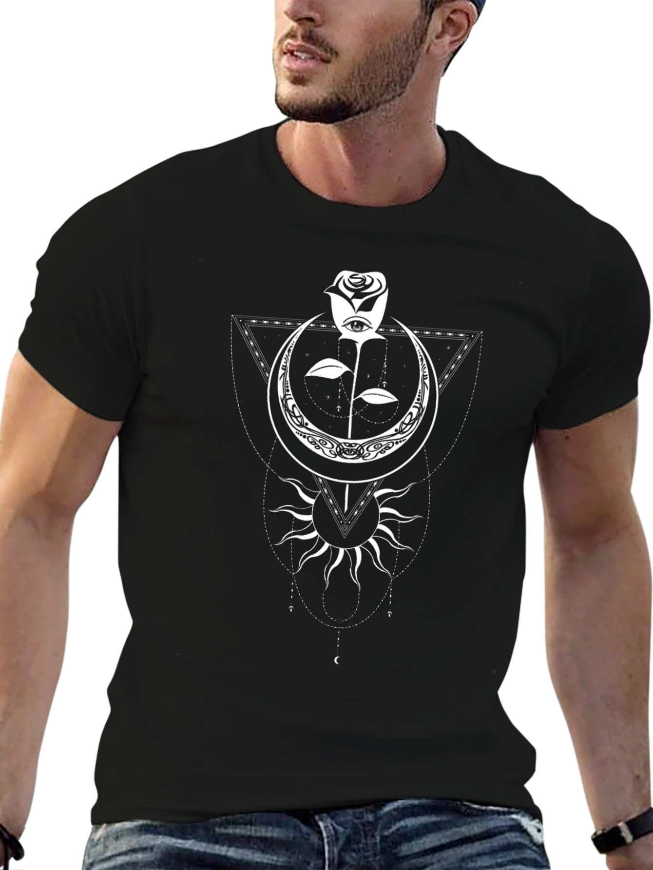 Mystic Rose & Moon Graphic Tee - Black Cotton
