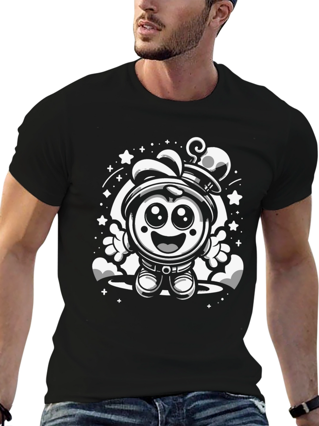 Cartoon Astronaut Graphic Tee - Black