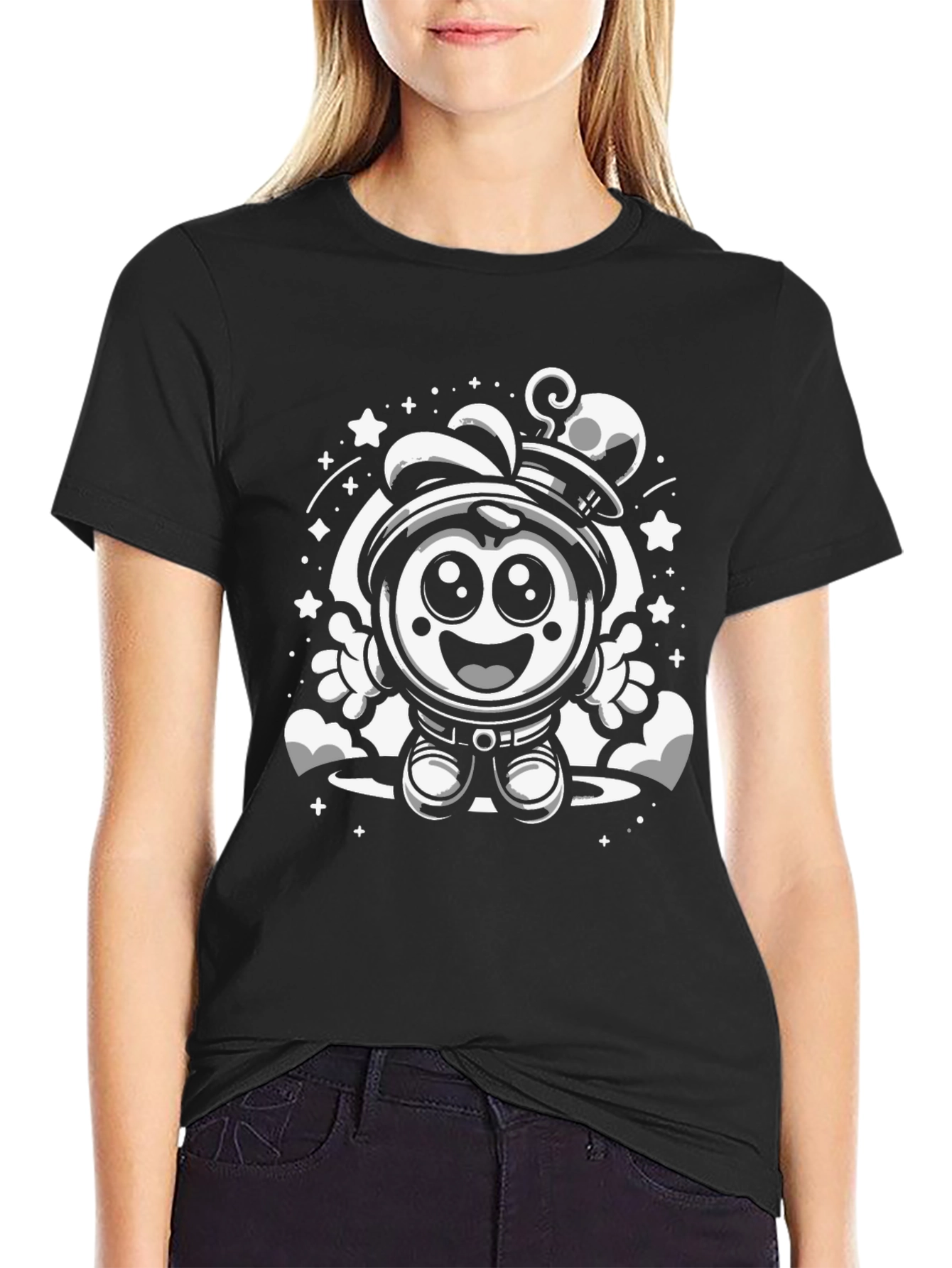 Cartoon Astronaut Graphic Tee - Black