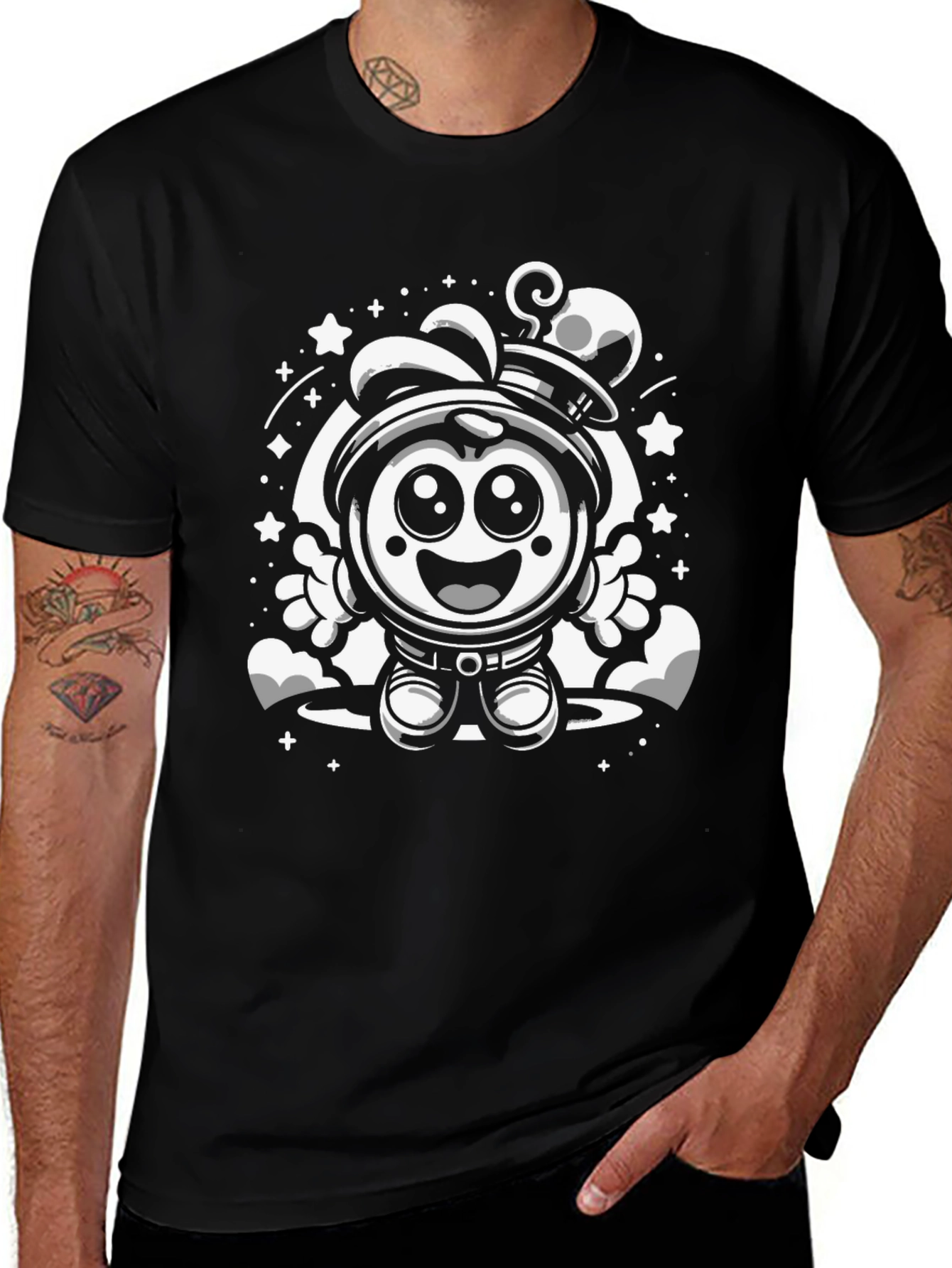 Cartoon Astronaut Graphic Tee - Black