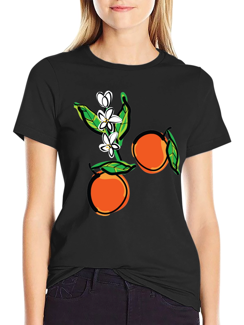 Orange Blossom Graphic Print Black T-Shirt