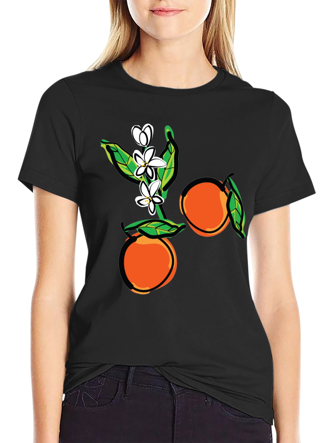 Orange Blossom Graphic Print Black T-Shirt