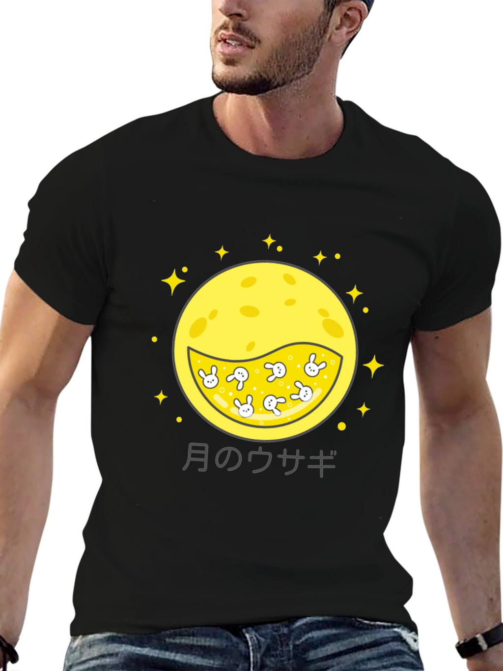 Moon Rabbit Graphic Tee - Black Cotton Shirt