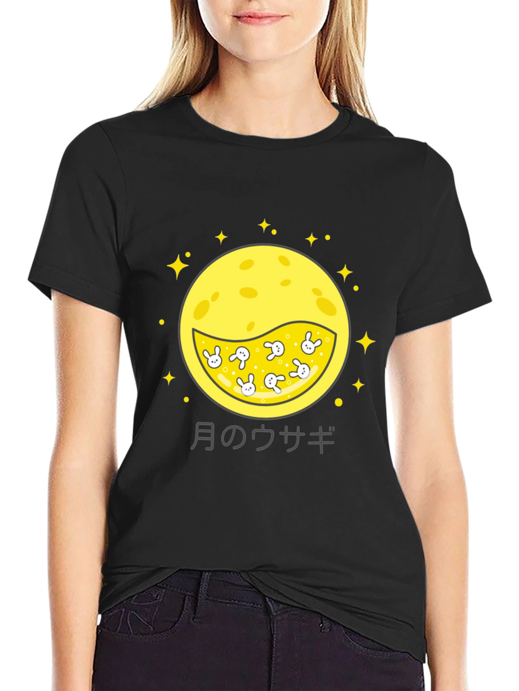 Moon Rabbit Graphic Tee - Black Cotton Shirt