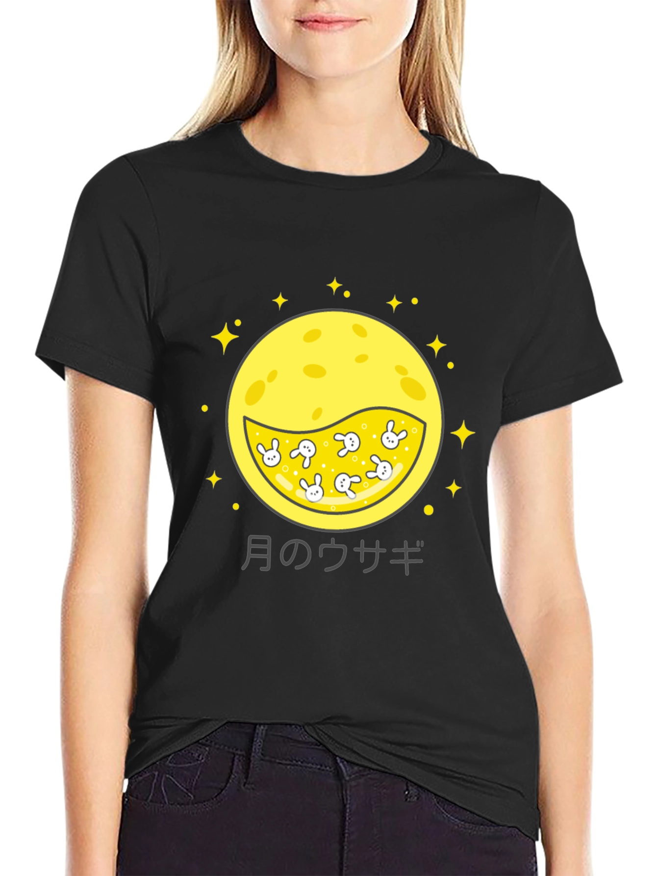 Moon Rabbit Graphic Tee - Black Cotton Shirt
