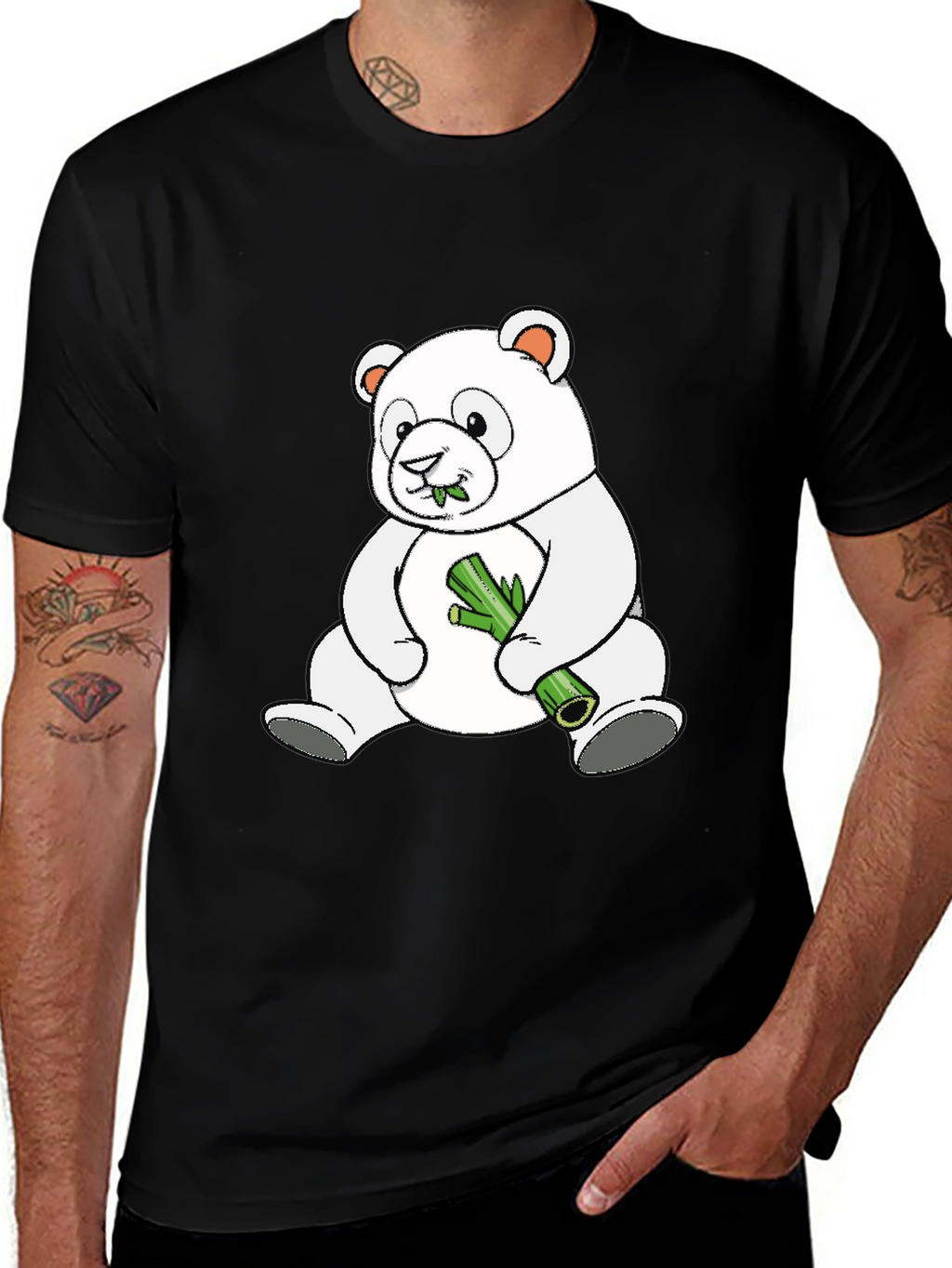 Cute Panda Bear Eating Bamboo Black T-Shirt
