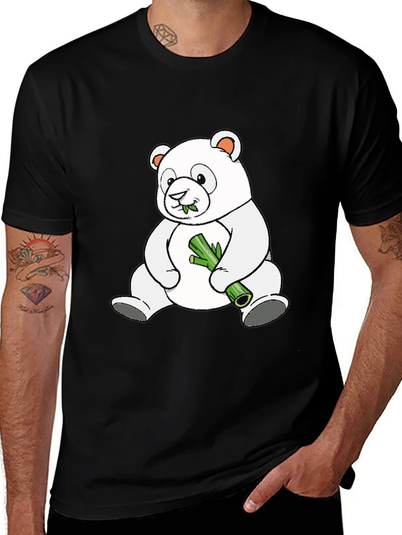 Cute Panda Bear Eating Bamboo Black T-Shirt