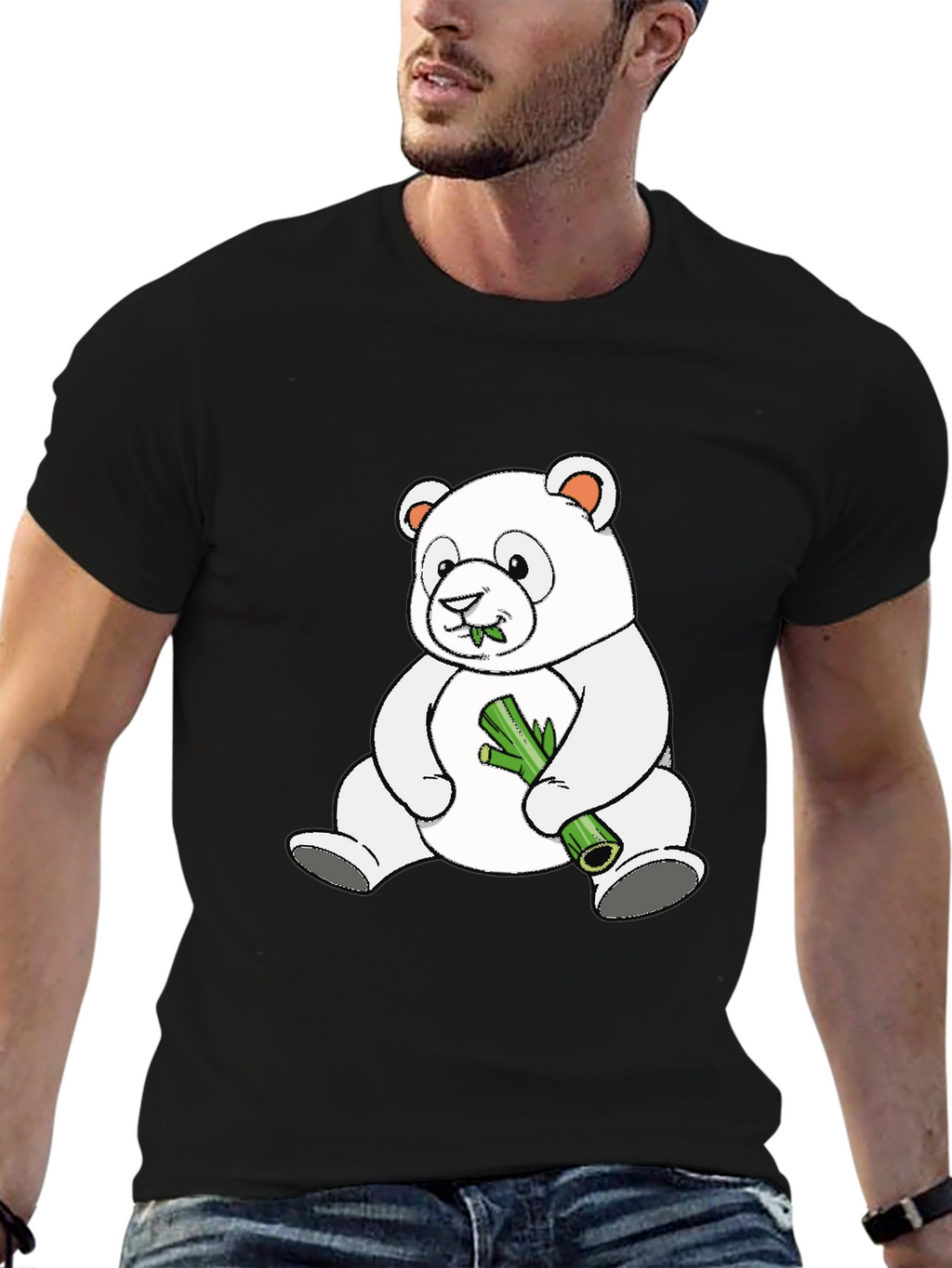 Cute Panda Bear Eating Bamboo Black T-Shirt