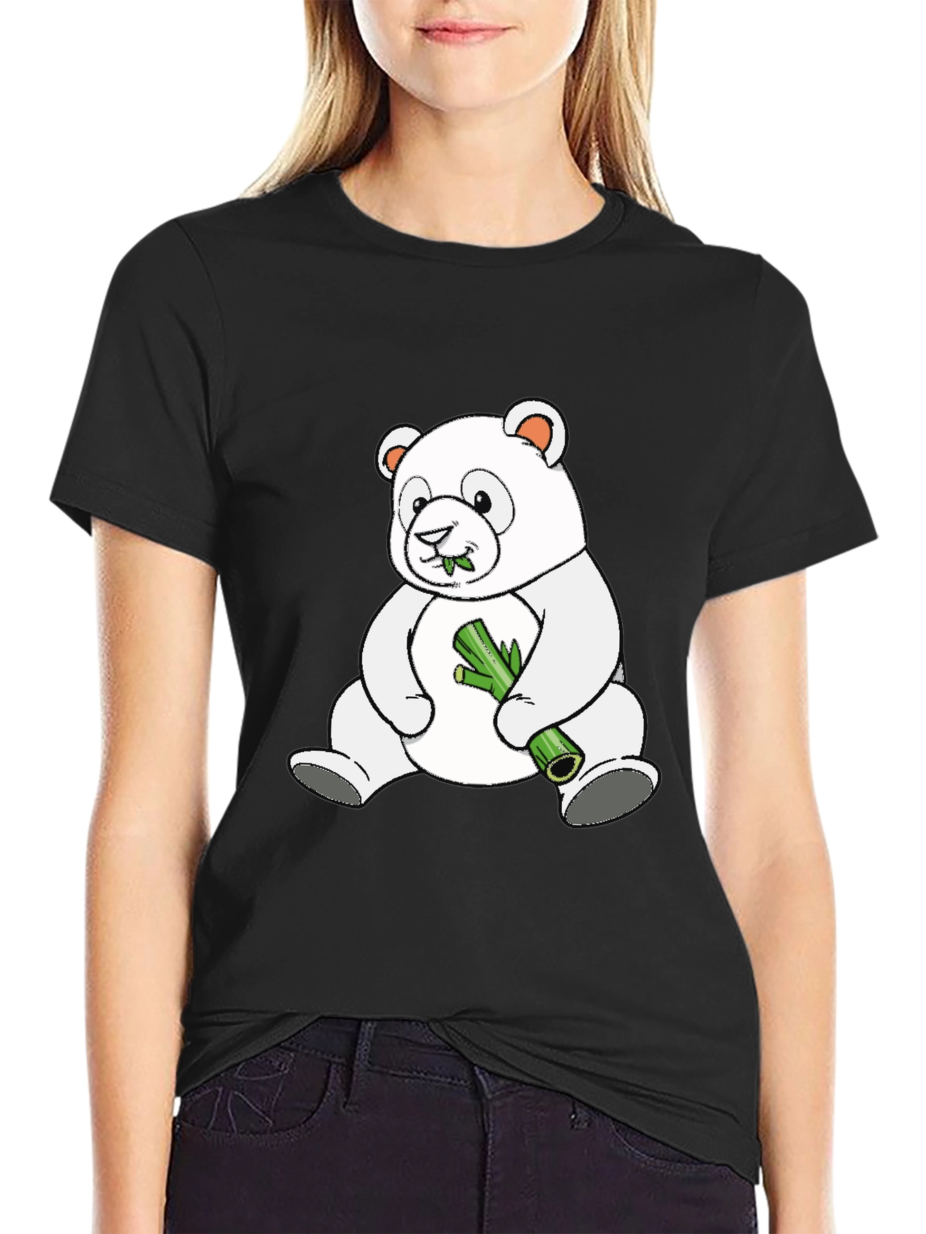Cute Panda Bear Eating Bamboo Black T-Shirt
