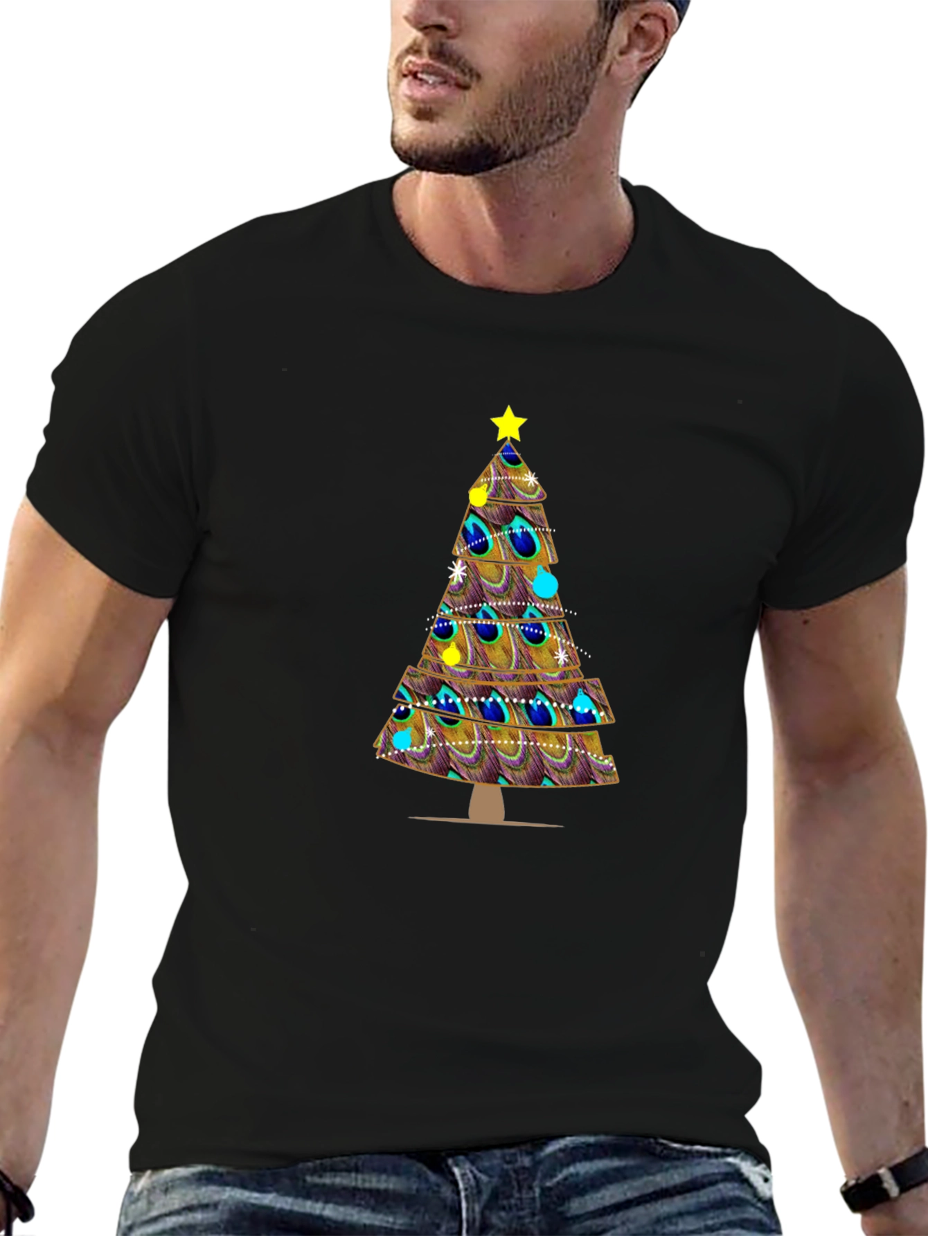 Peacock Feather Christmas Tree Graphic Tee