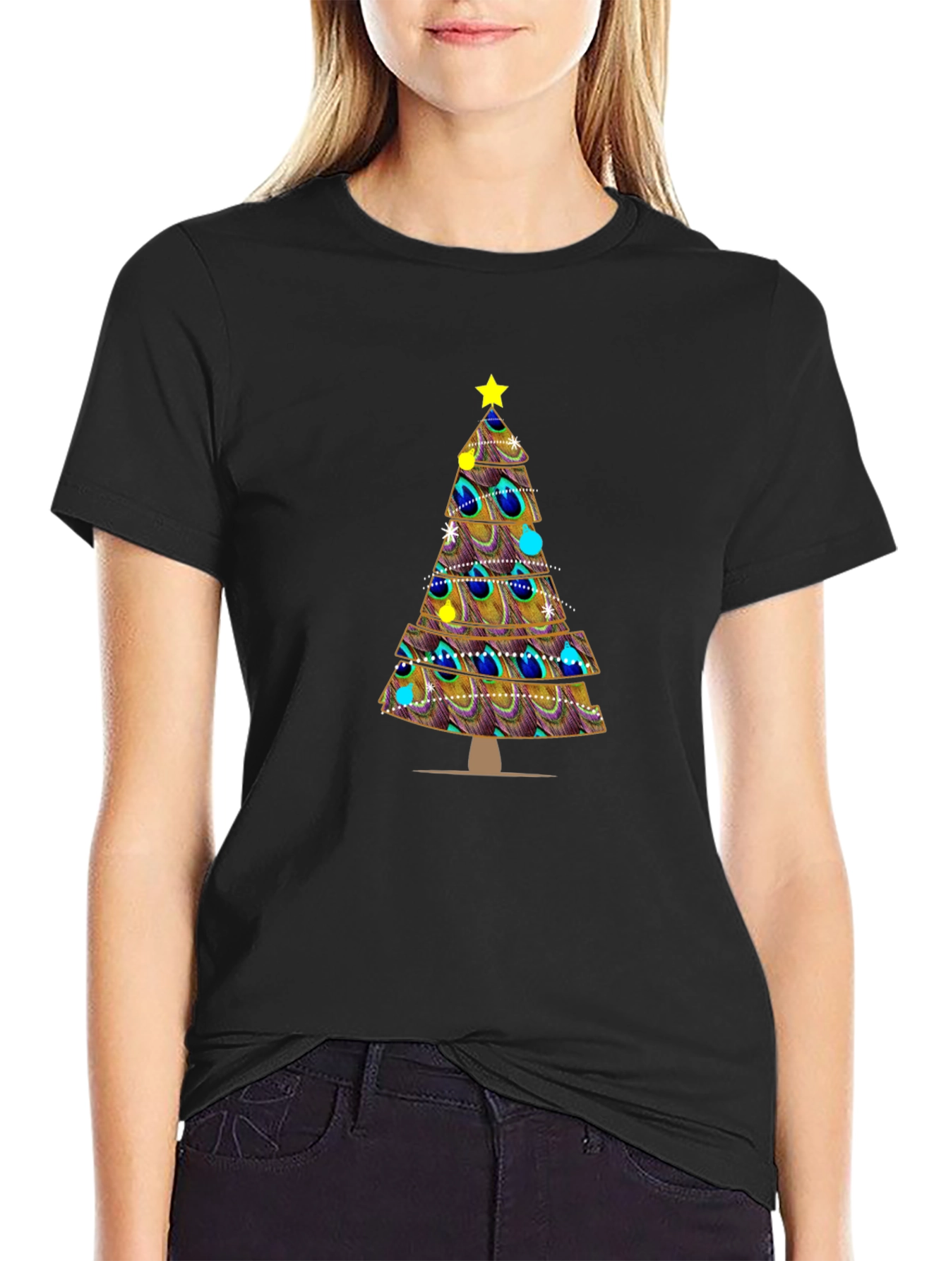 Peacock Feather Christmas Tree Graphic Tee