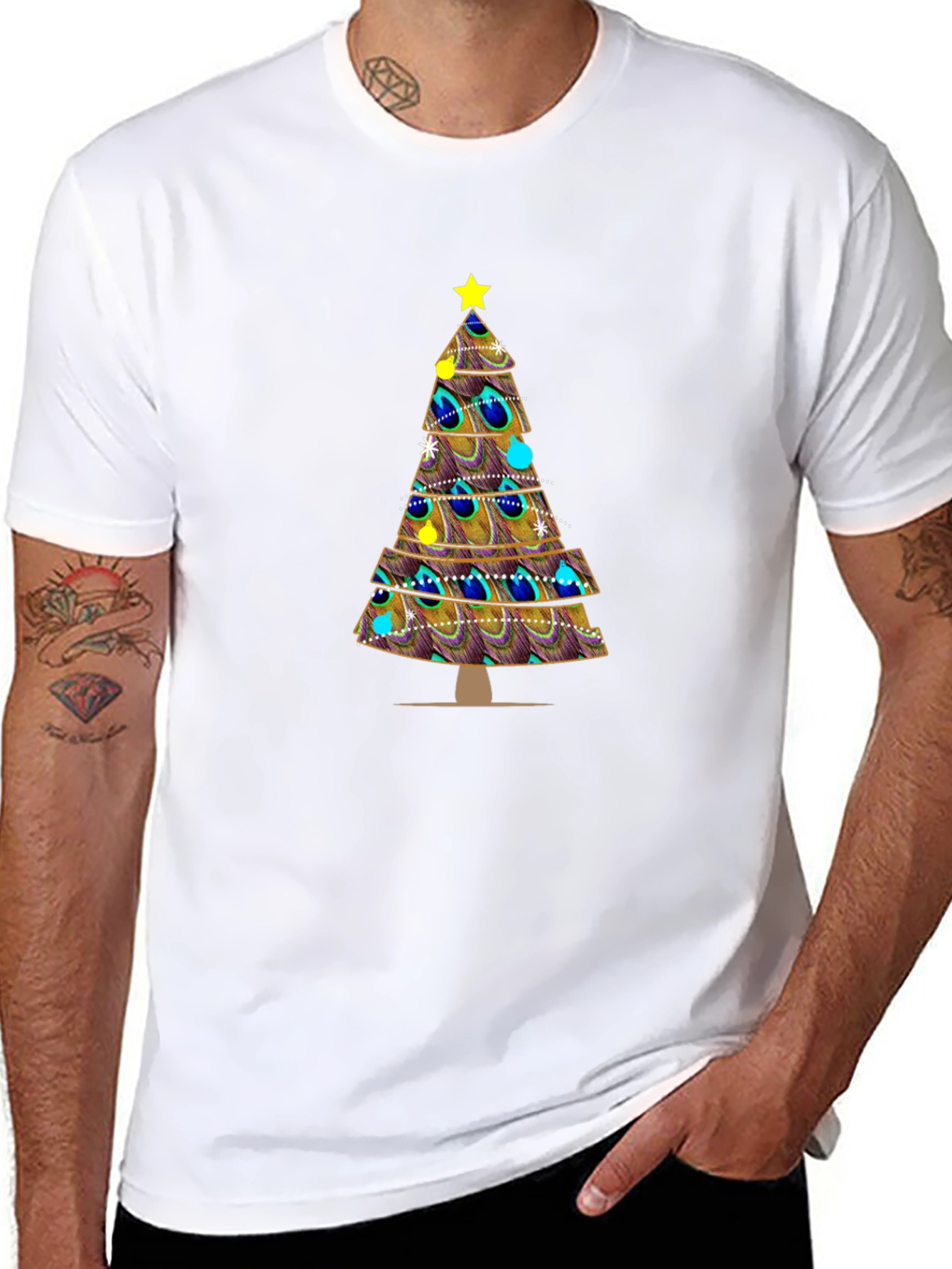 Peacock Feather Christmas Tree Graphic Tee