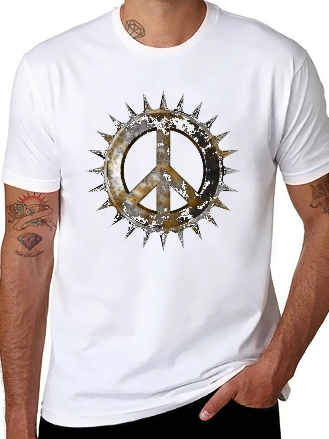 Edgy Peace Sign Graphic Tee - Black Cotton
