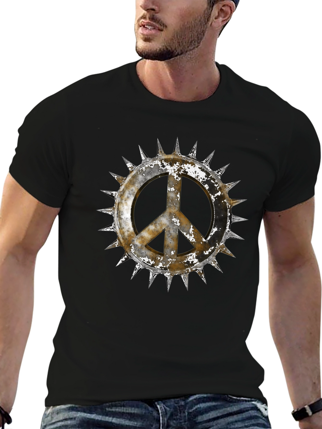 Edgy Peace Sign Graphic Tee - Black Cotton