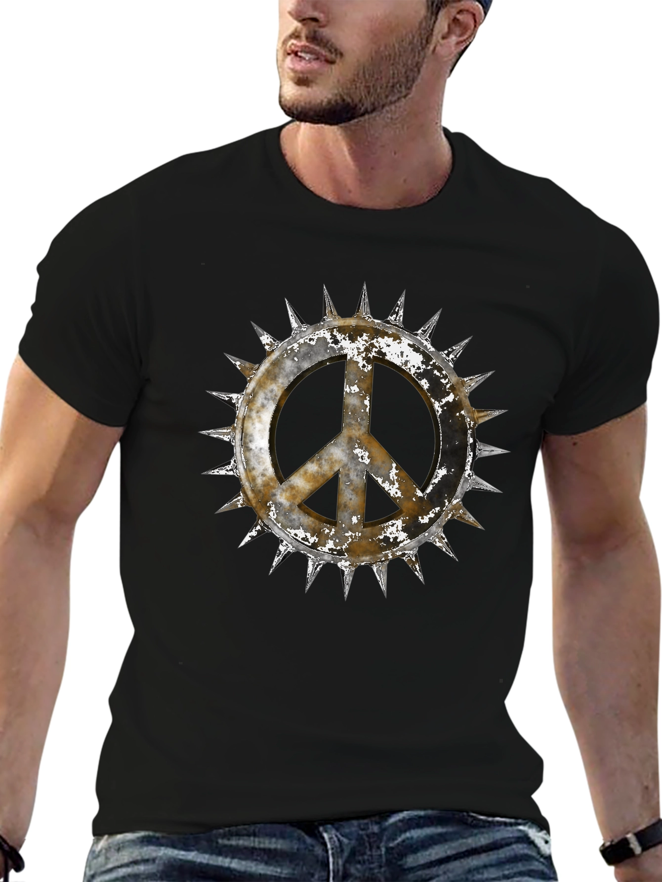 Edgy Peace Sign Graphic Tee - Black Cotton