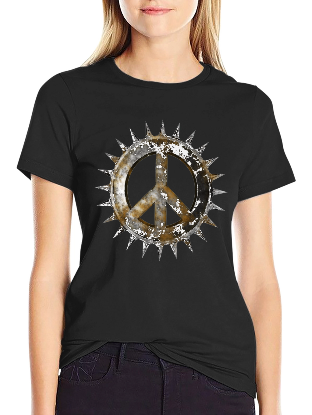 Edgy Peace Sign Graphic Tee - Black Cotton
