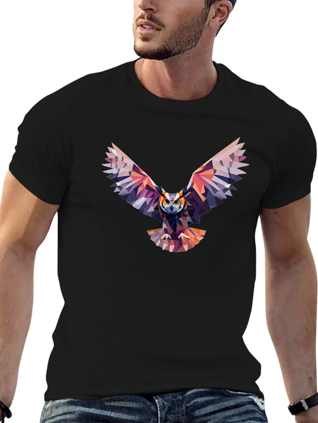 Geometric Owl Graphic Black T-Shirt