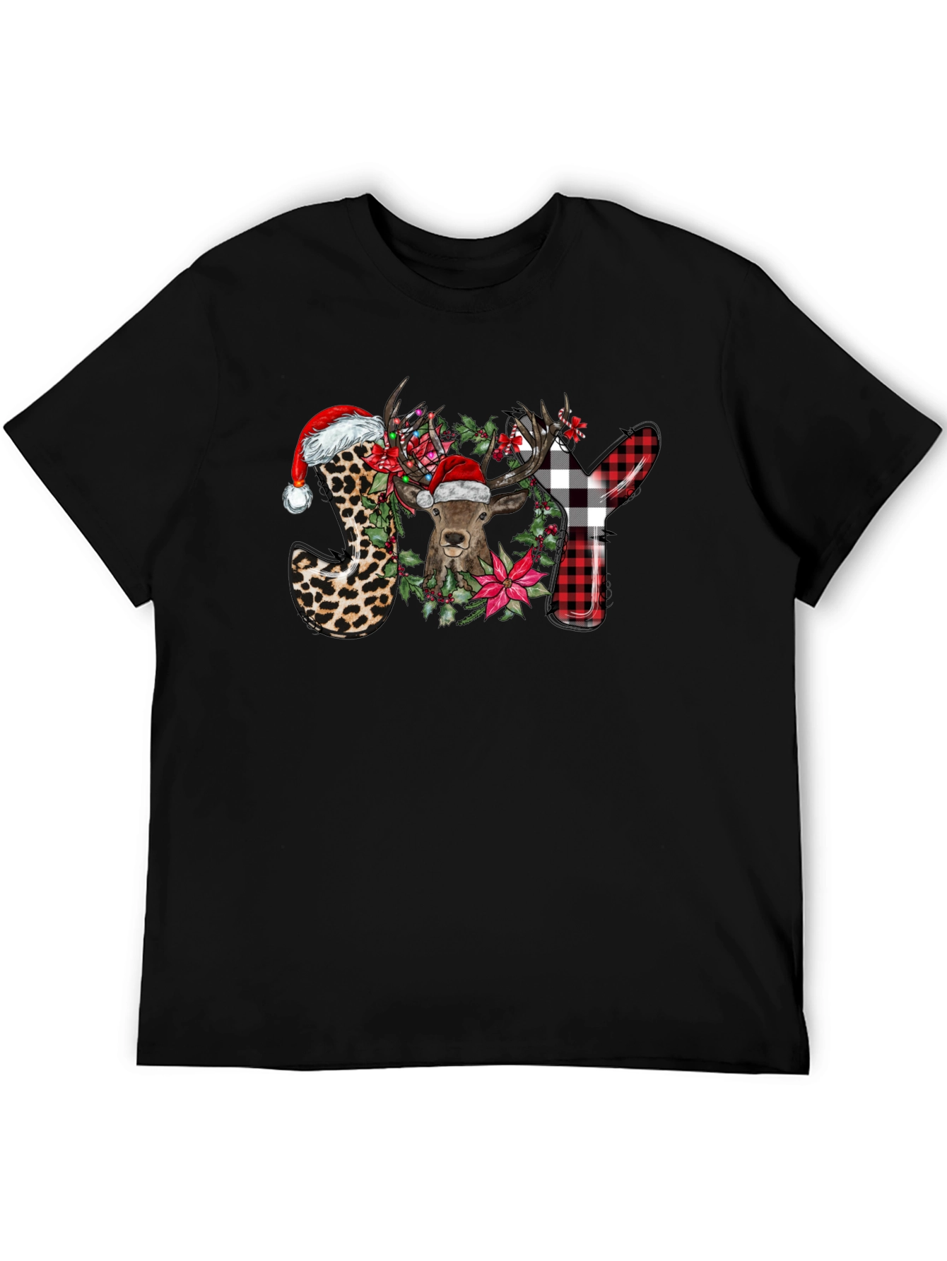 Festive JOY Deer Graphic T-Shirt - Holiday Cheer