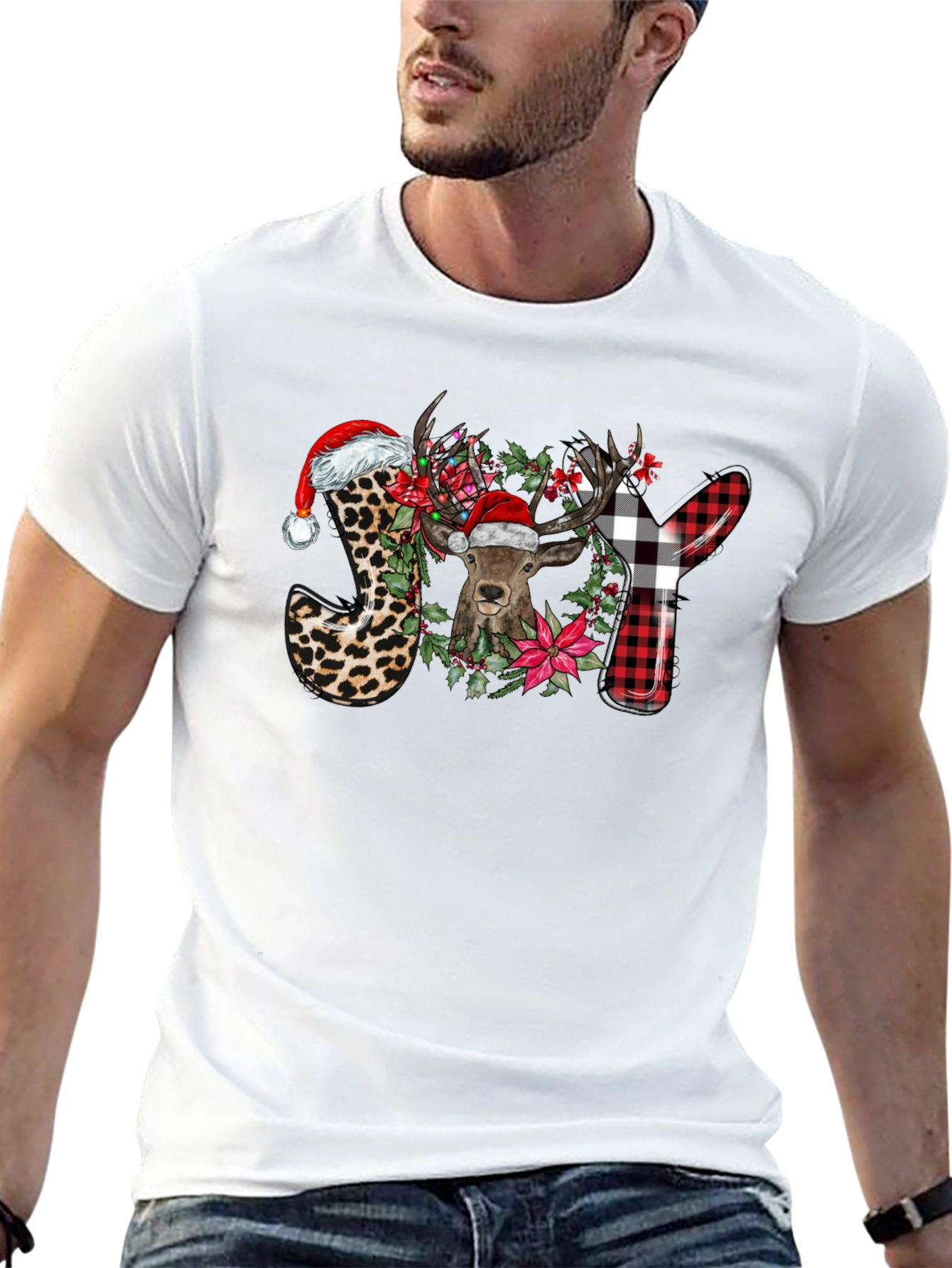 Festive JOY Deer Graphic T-Shirt - Holiday Cheer