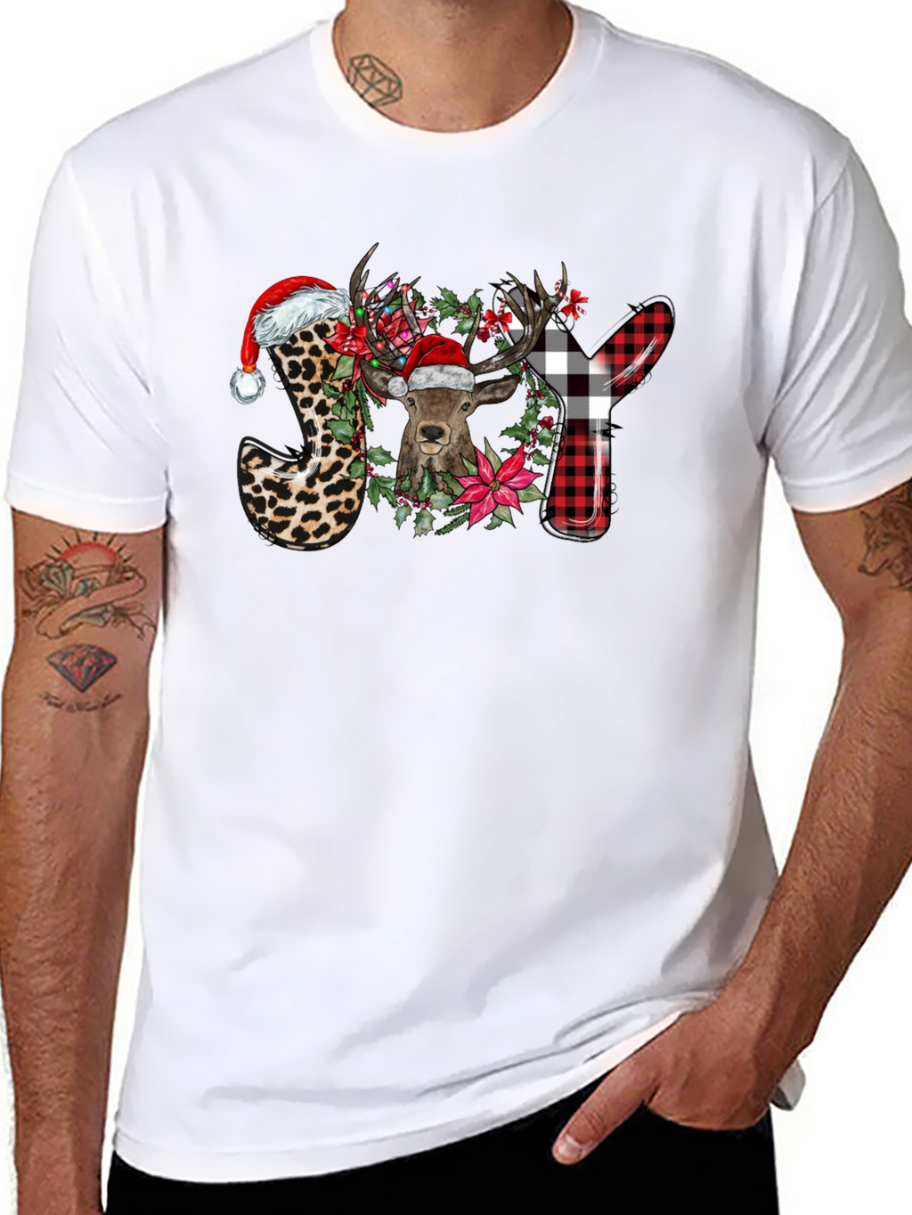 Festive JOY Deer Graphic T-Shirt - Holiday Cheer