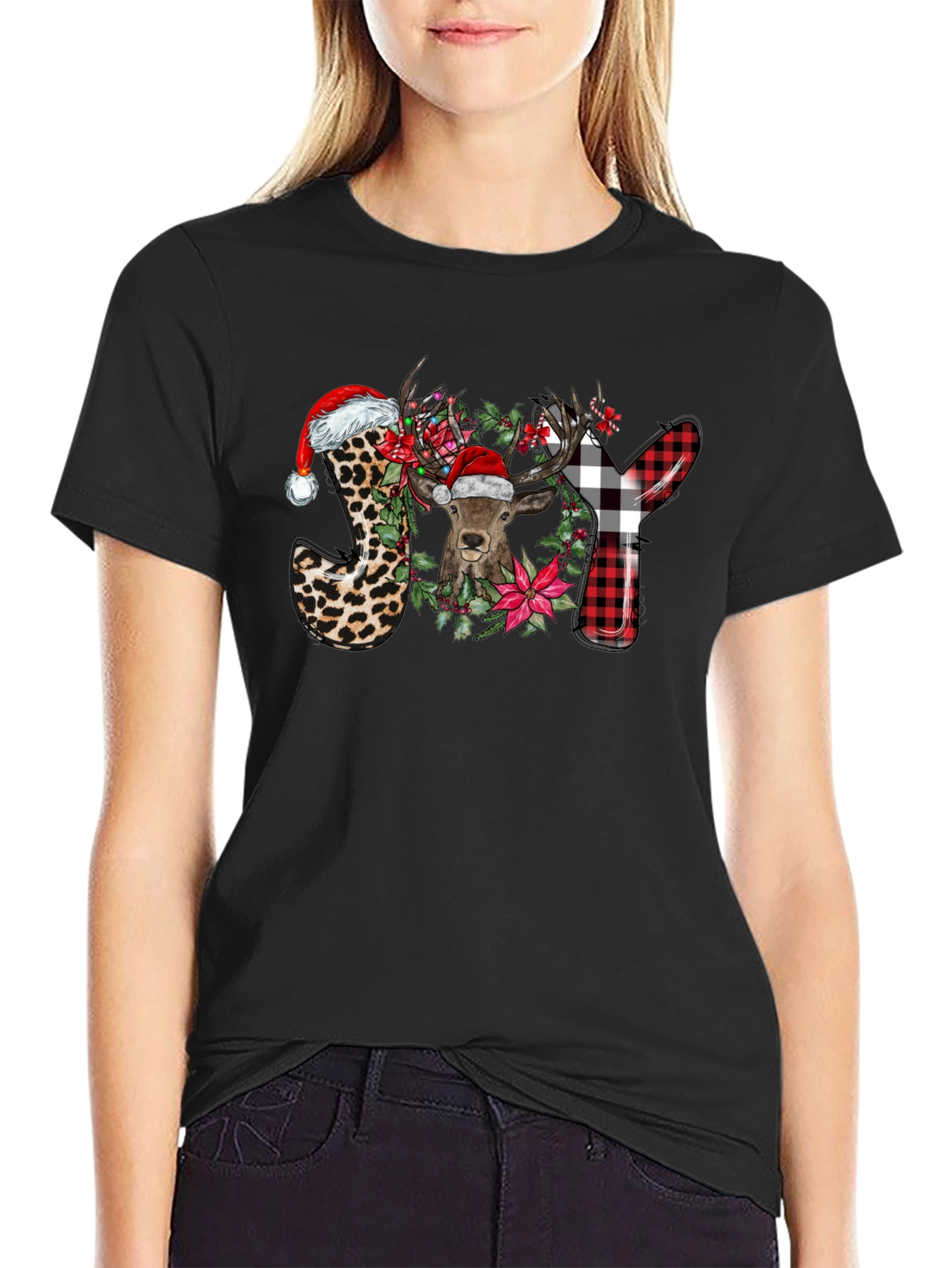 Festive JOY Deer Graphic T-Shirt - Holiday Cheer