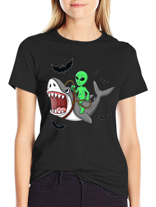Alien Riding Shark Funny Graphic Tee