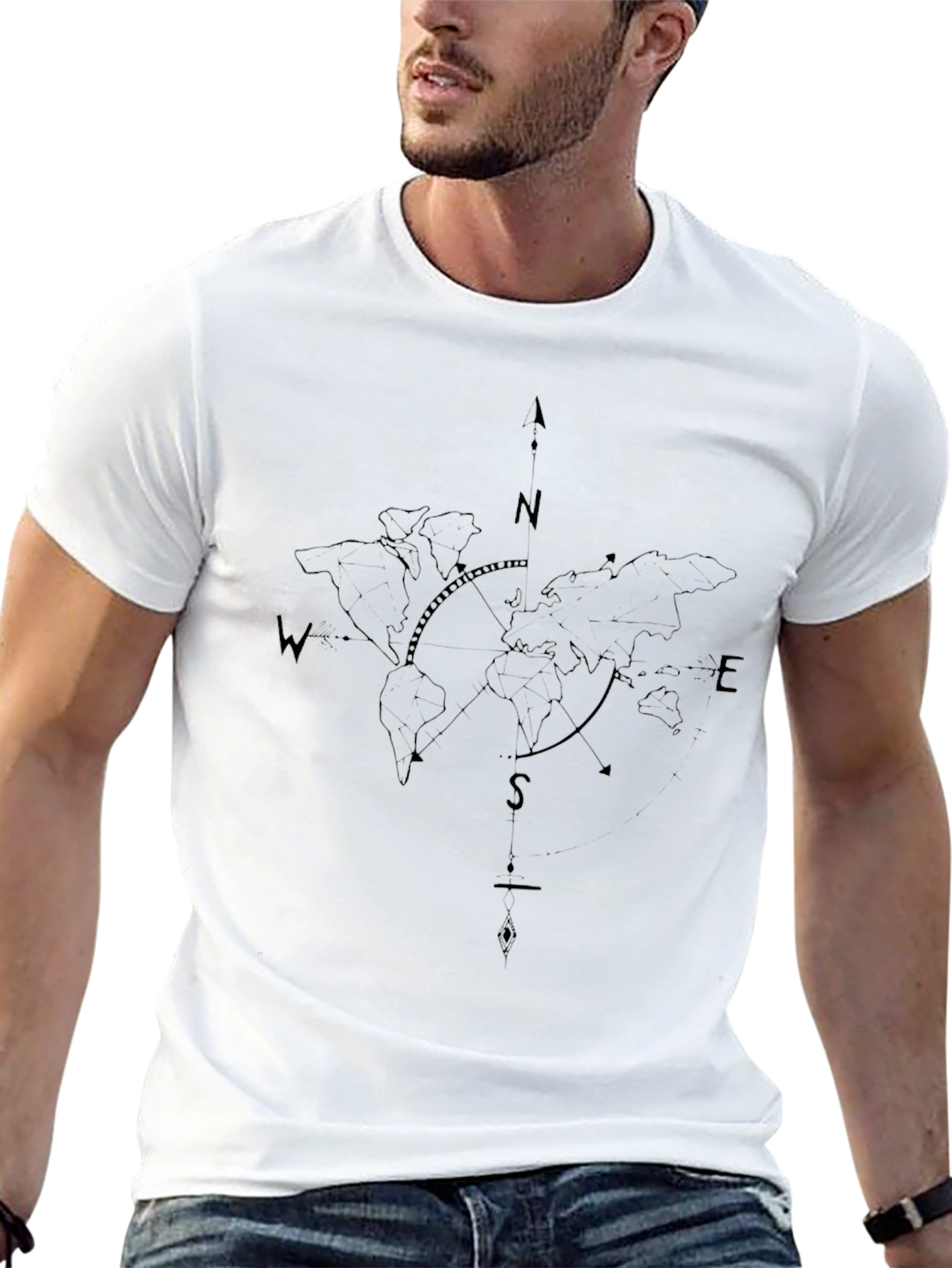 World Map Compass Black T-Shirt