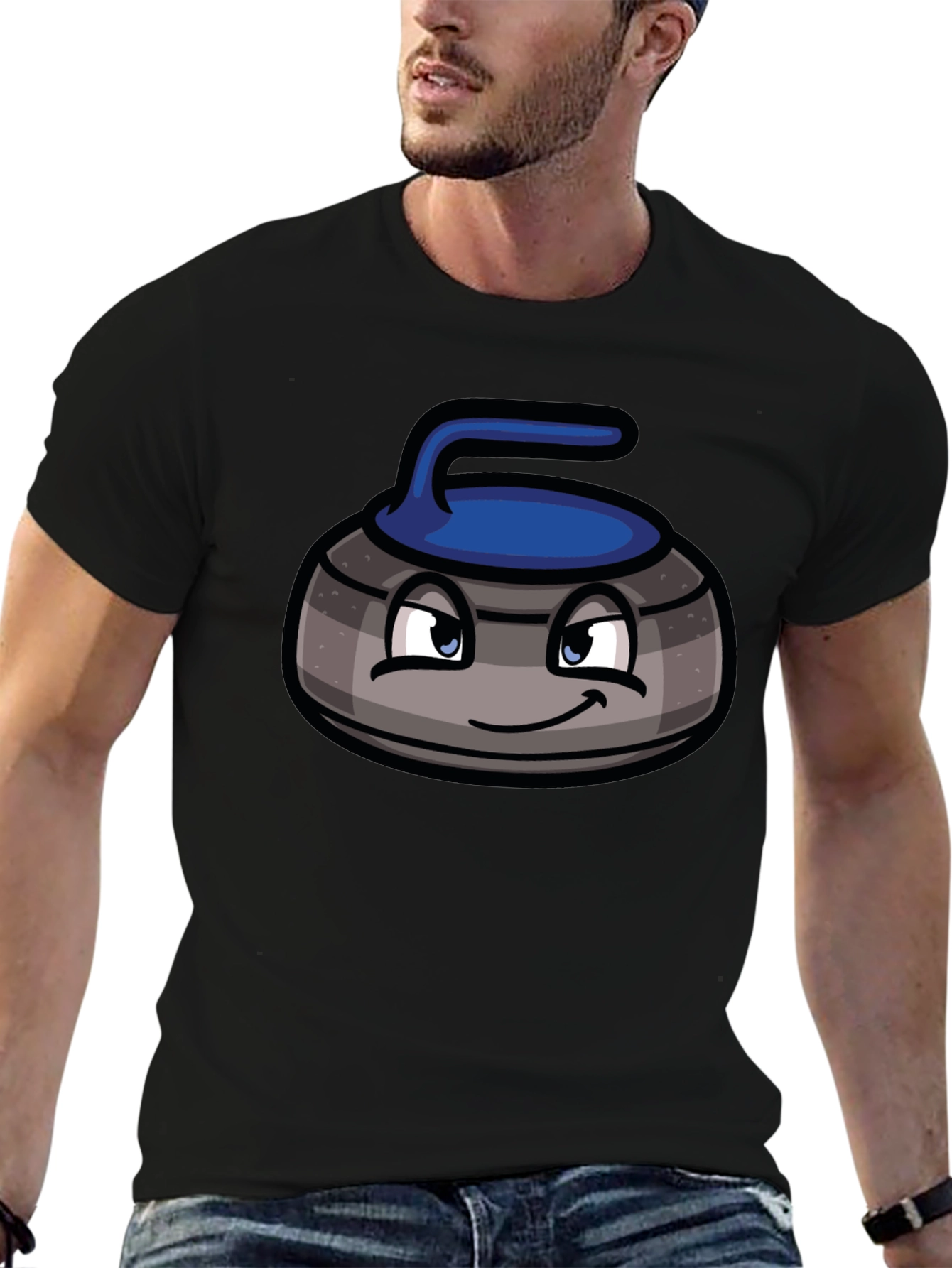 Cartoon Curling Stone Black T-Shirt
