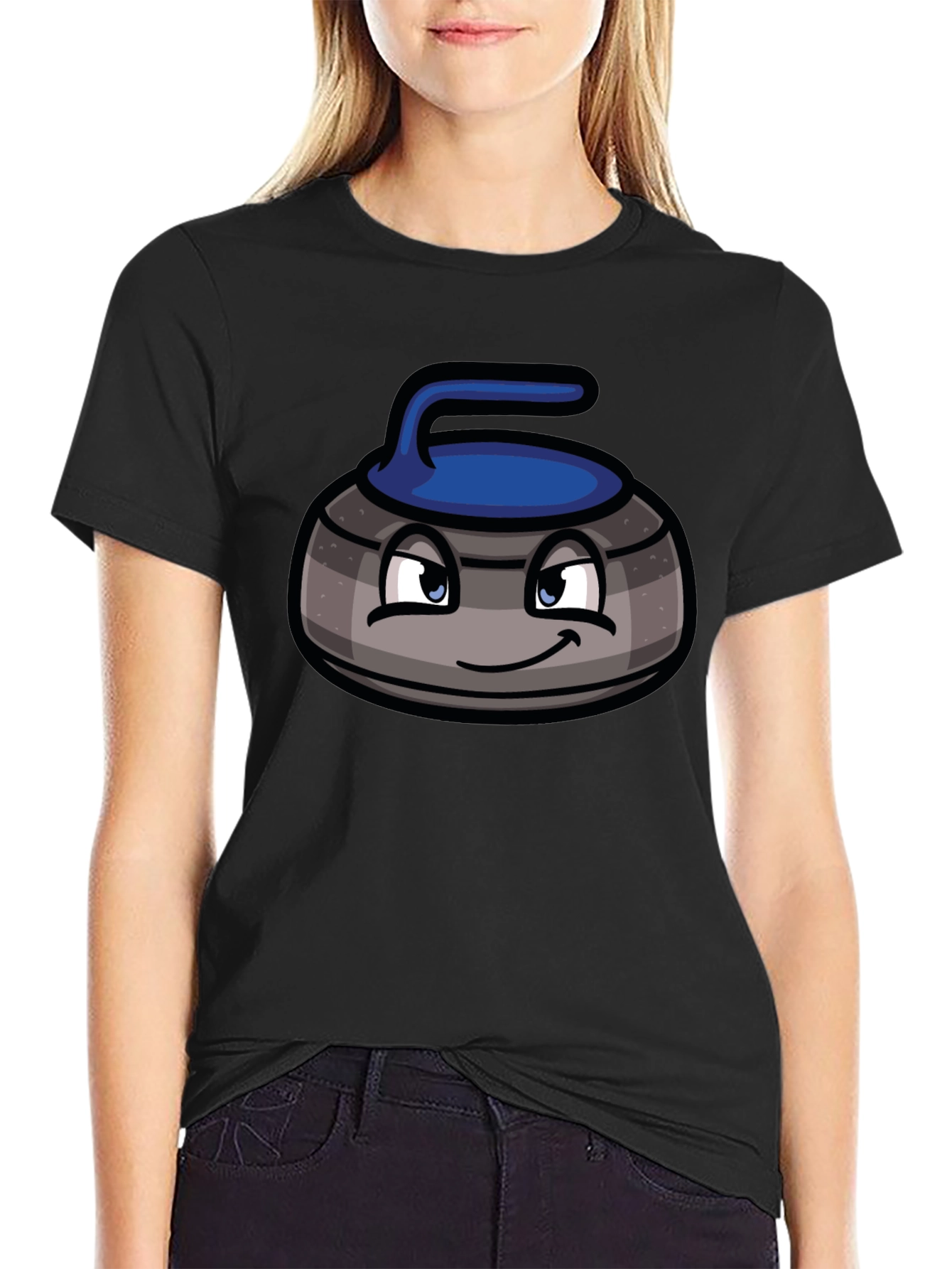 Cartoon Curling Stone Black T-Shirt