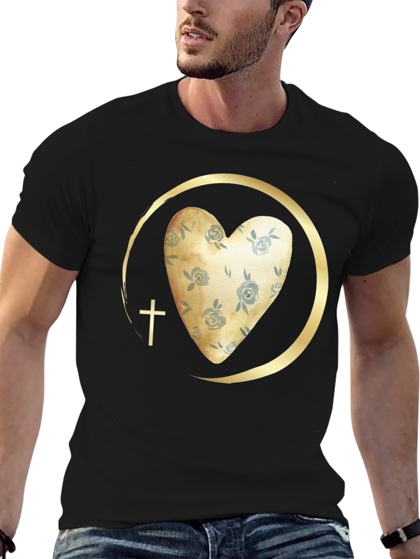 Floral Heart & Cross Graphic Tee - Religious Fashion