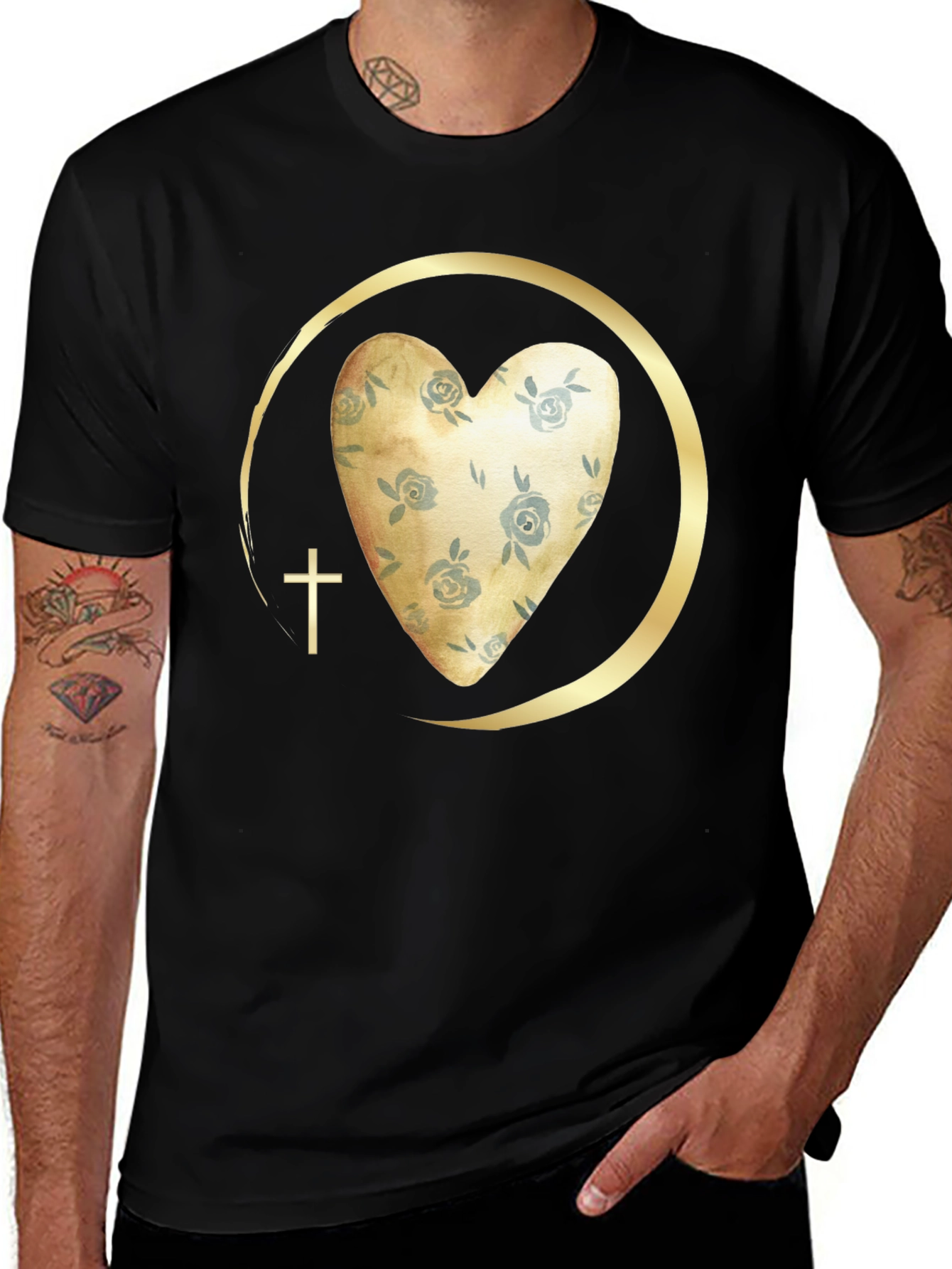 Floral Heart & Cross Graphic Tee - Religious Fashion
