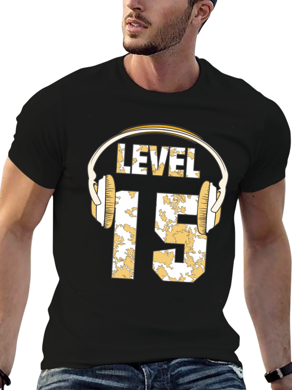 Level 15 Gamer T-Shirt with Headphone Graphic