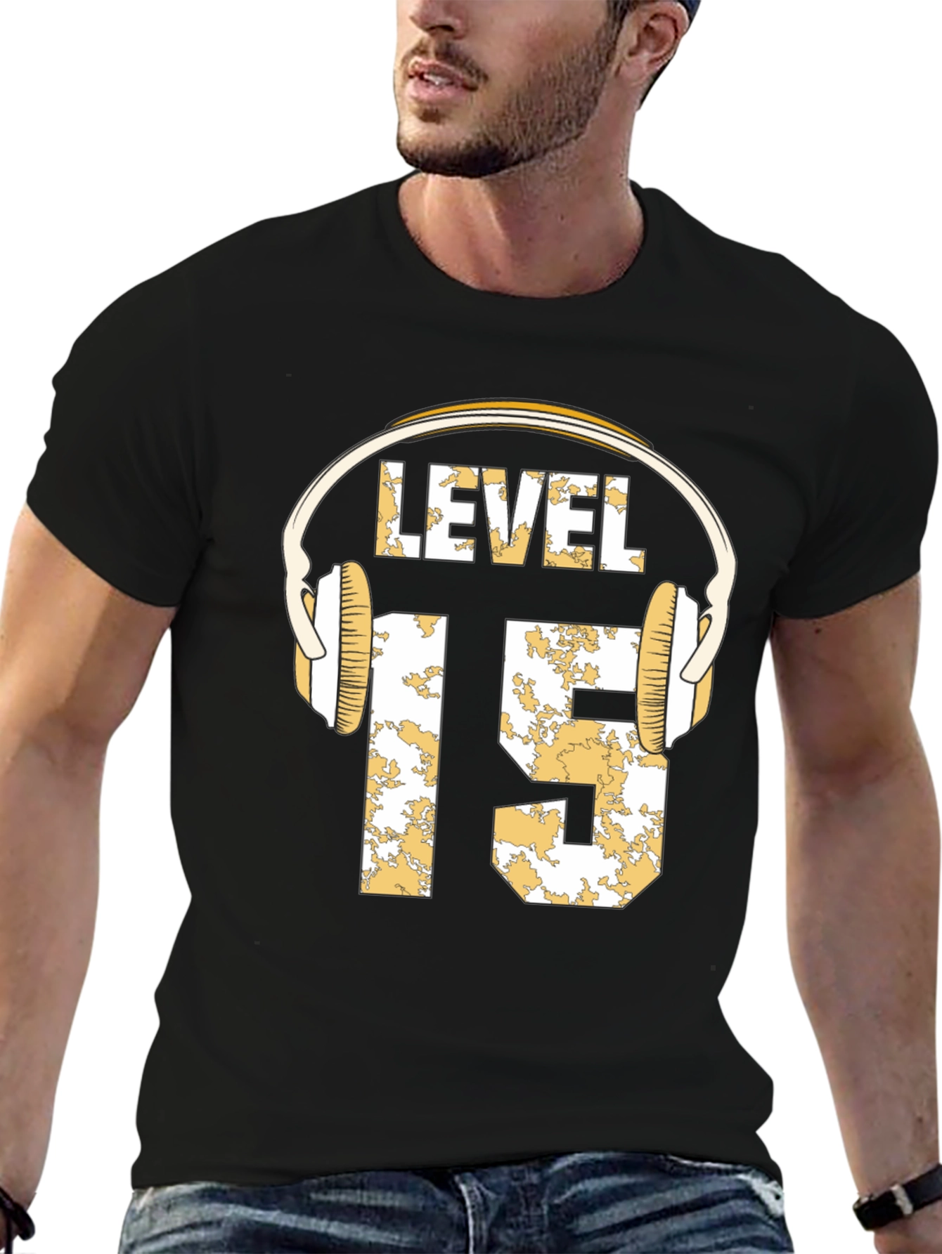 Level 15 Gamer T-Shirt with Headphone Graphic