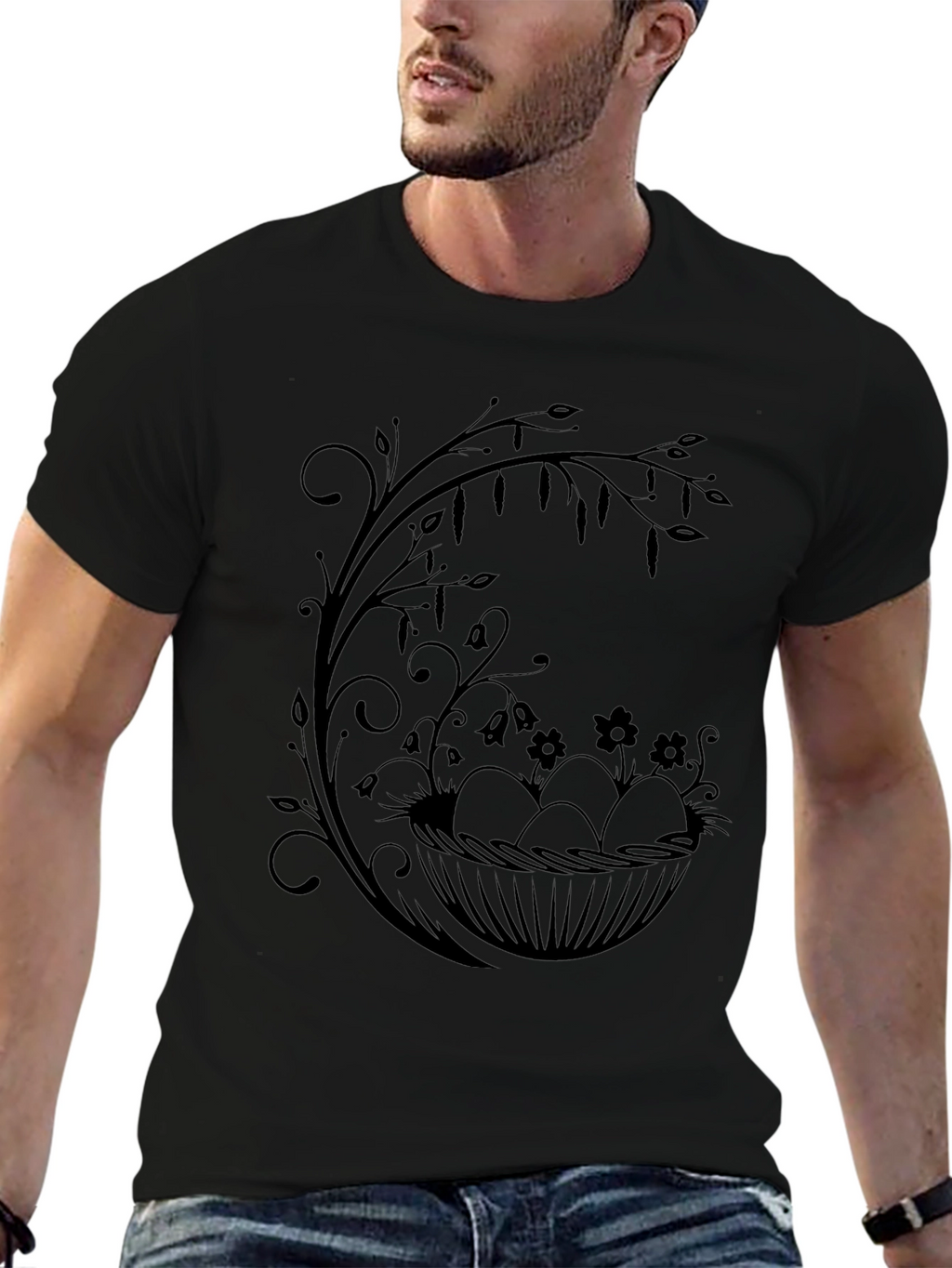 Floral Easter Egg Nest Graphic Tee - Black