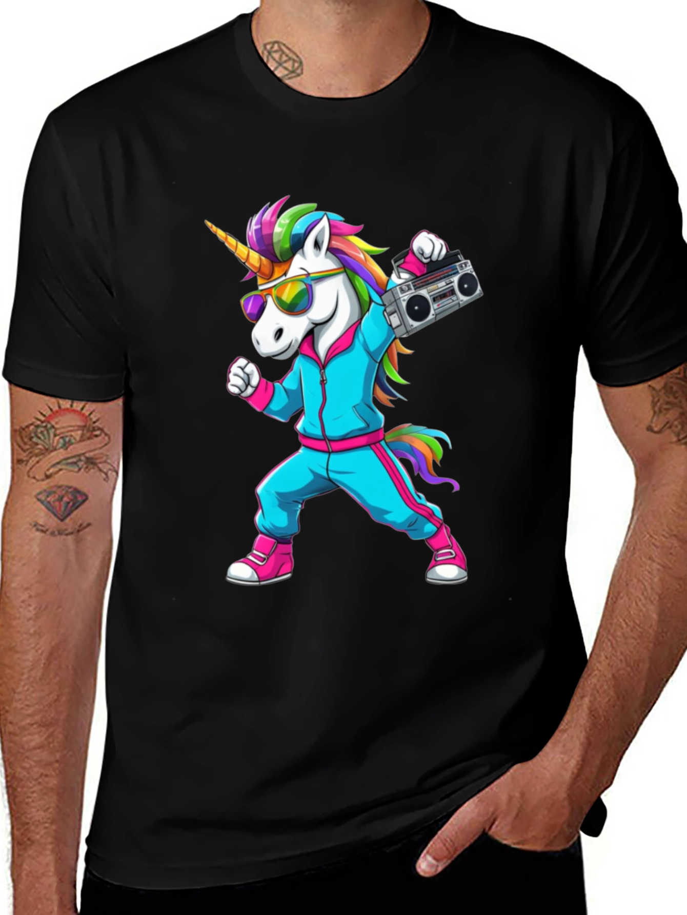 Retro Unicorn Boombox T-Shirt - Black