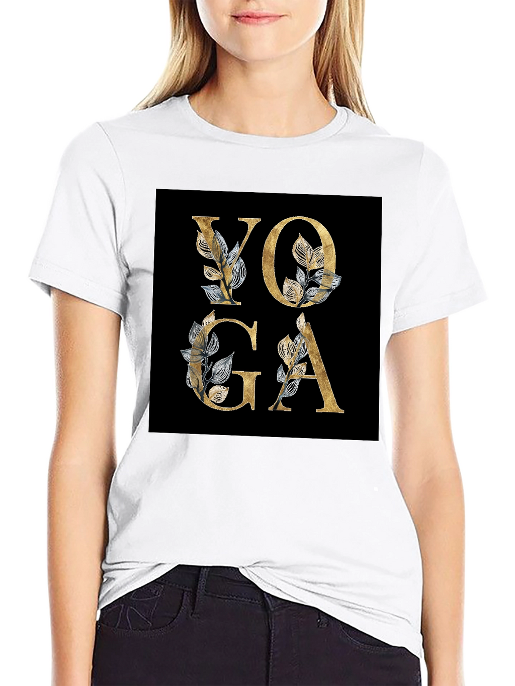 Yoga Floral Design Black T-Shirt