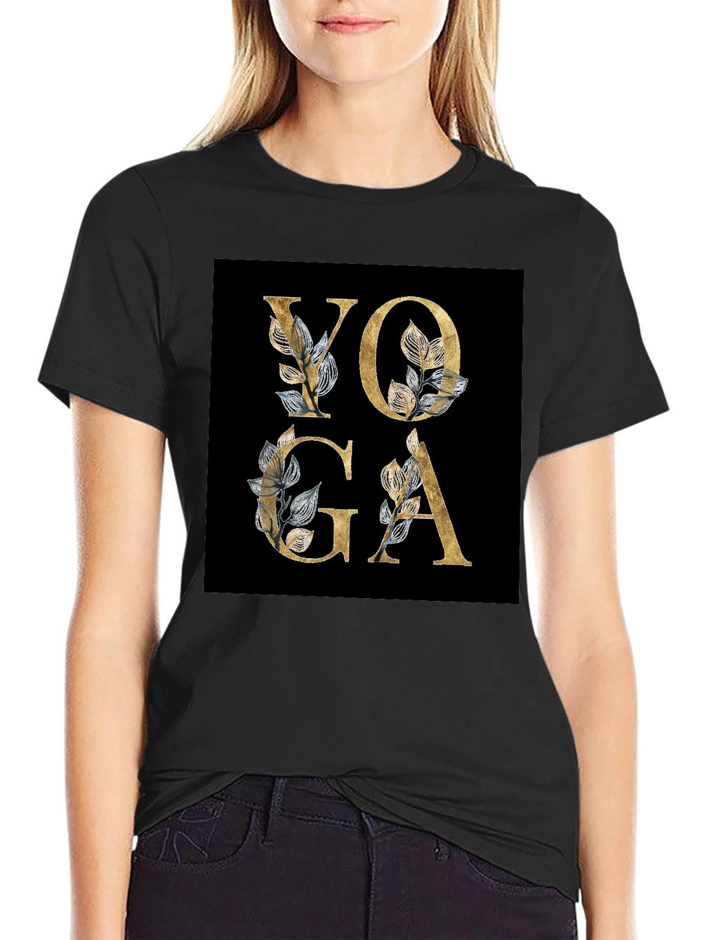 Yoga Floral Design Black T-Shirt