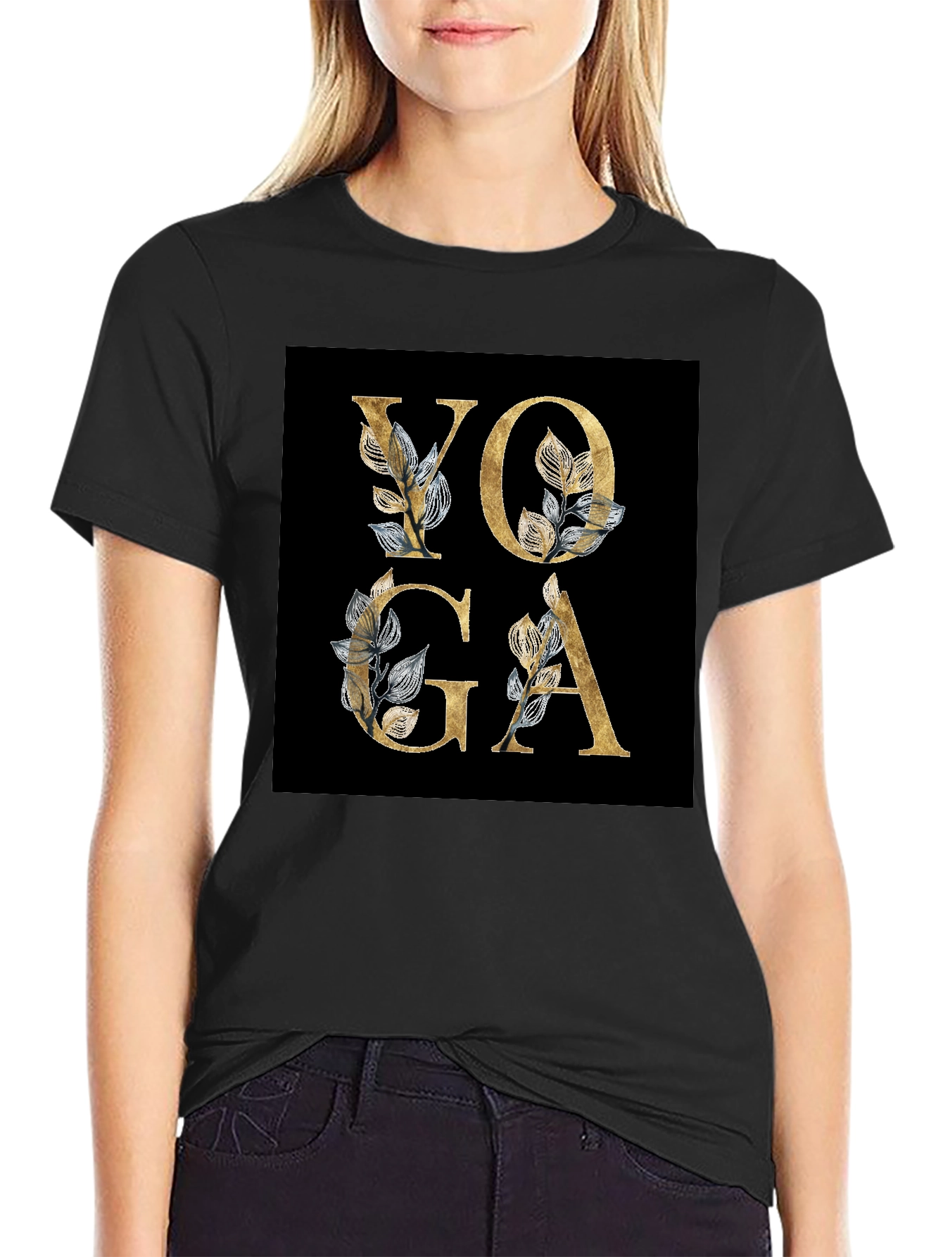 Yoga Floral Design Black T-Shirt