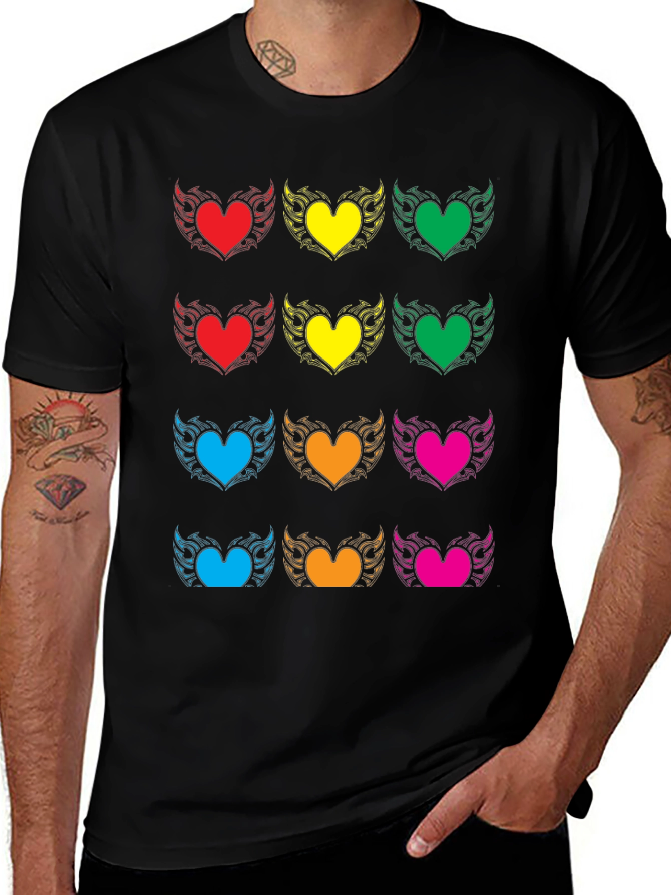 Colorful Heart Wing Graphic Black T-Shirt