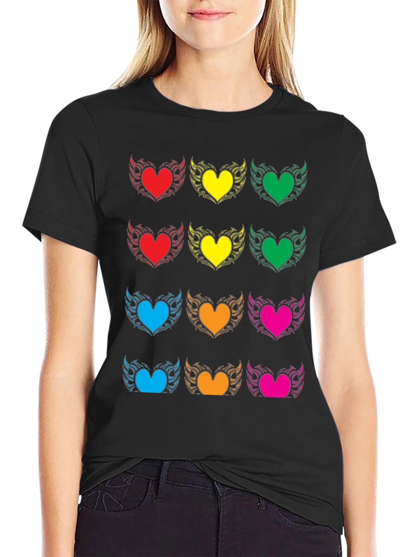 Colorful Heart Wing Graphic Black T-Shirt