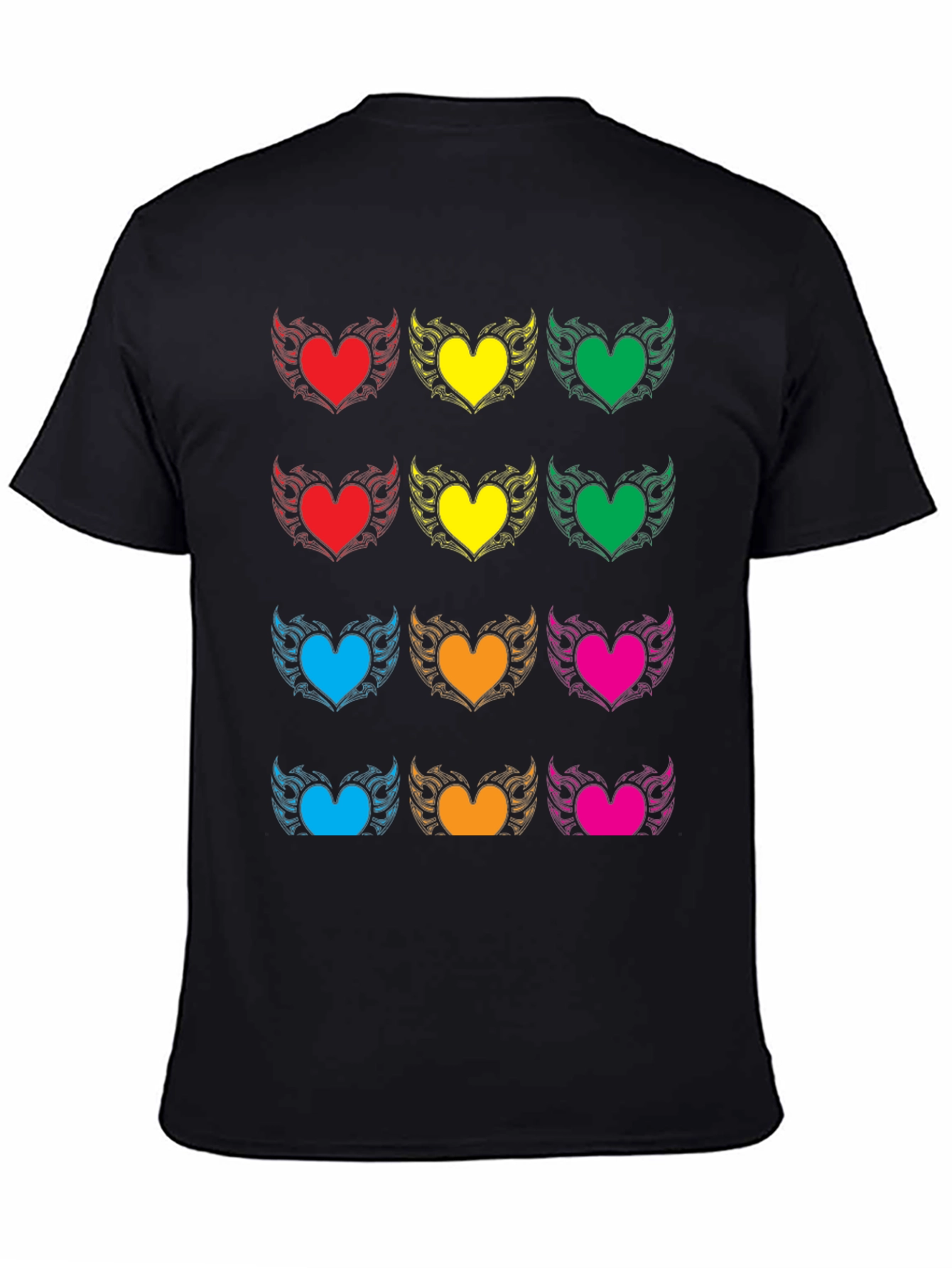 Colorful Heart Wing Graphic Black T-Shirt