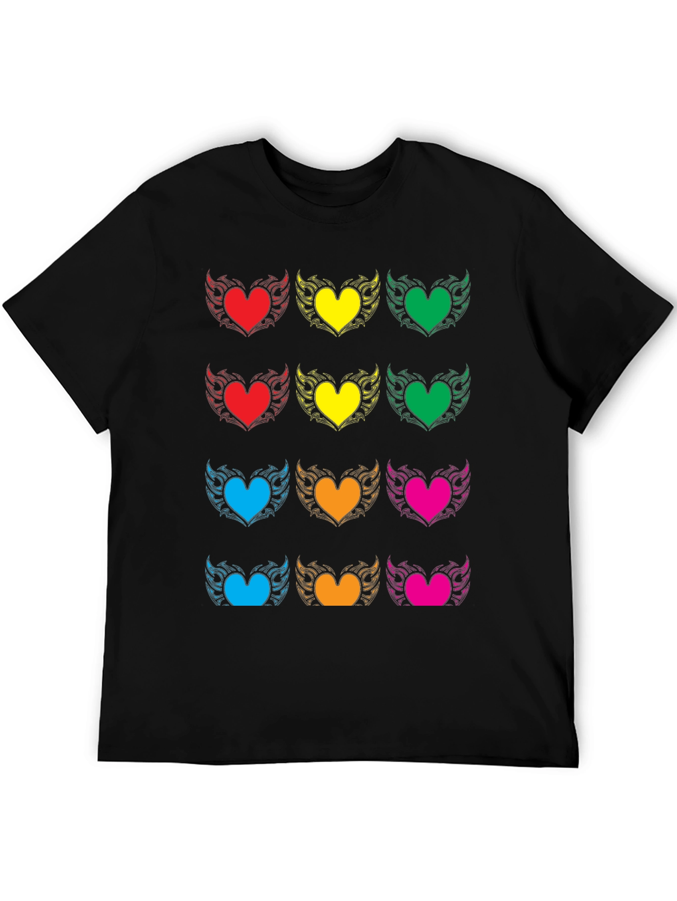 Colorful Heart Wing Graphic Black T-Shirt