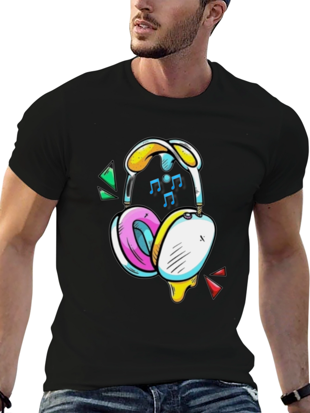 Funky Headphones Graphic Tee - Black Cotton T-Shirt