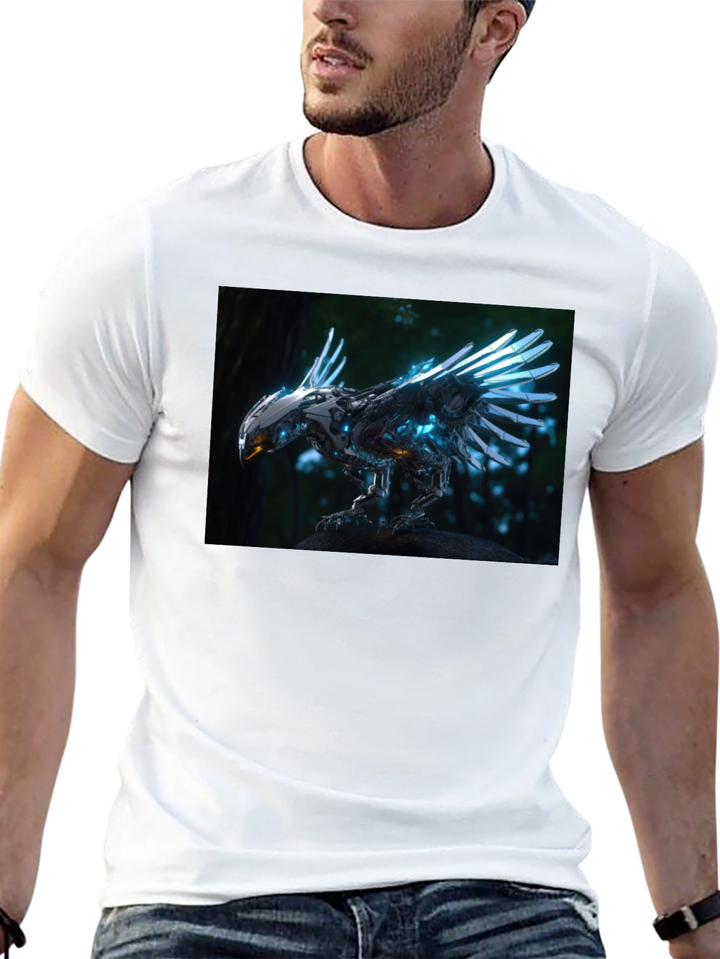 Robotic Bird Graphic T-Shirt - Sci-Fi Style